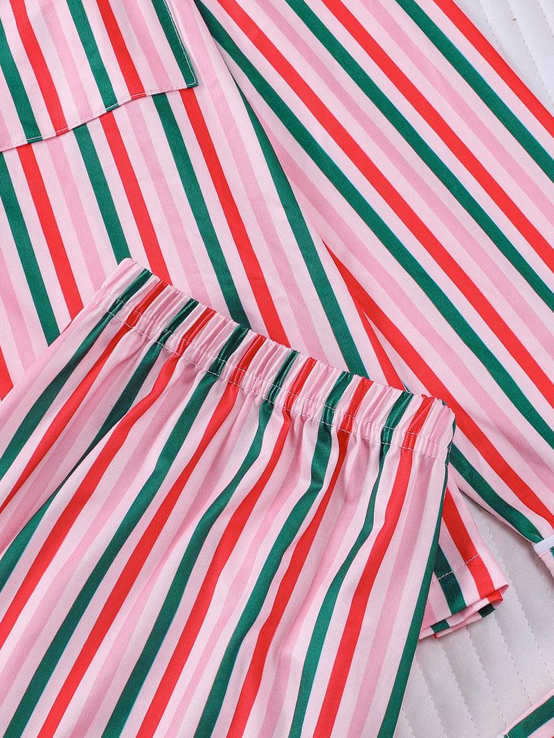 2-piece set full of pink, white, green, and red striped printed long sleeved pants, soft, comfortable, skin friendly, smooth top, small pocket, button closure, elastic waistband, suitable for all seasons home, casual wear, pajamas, Loungewear