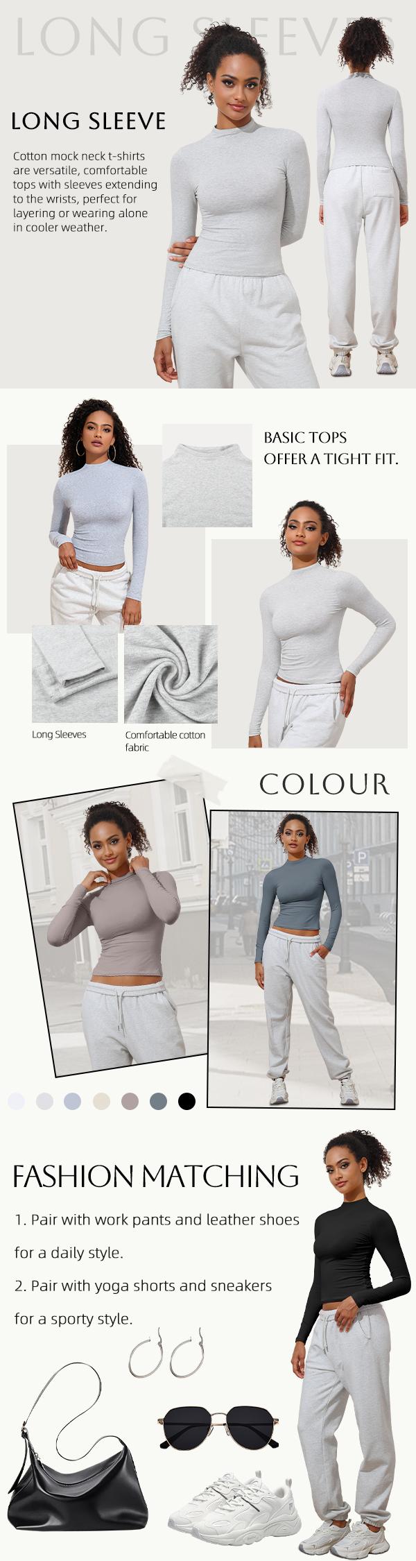 Hilor Women's Long Sleeve T Shirts Basic Cotton Mock Neck Tops Tight Fitted Going Out Crop Tops Y2K Tees Shirts