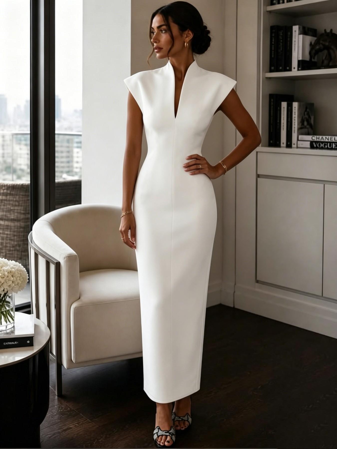 2026 Summer New Stand Collar V Neck Sleeveless High Waist Bodycon Dress, Solid Color Elegant Slimming Party Gown, Fashionable A-Line Skirt