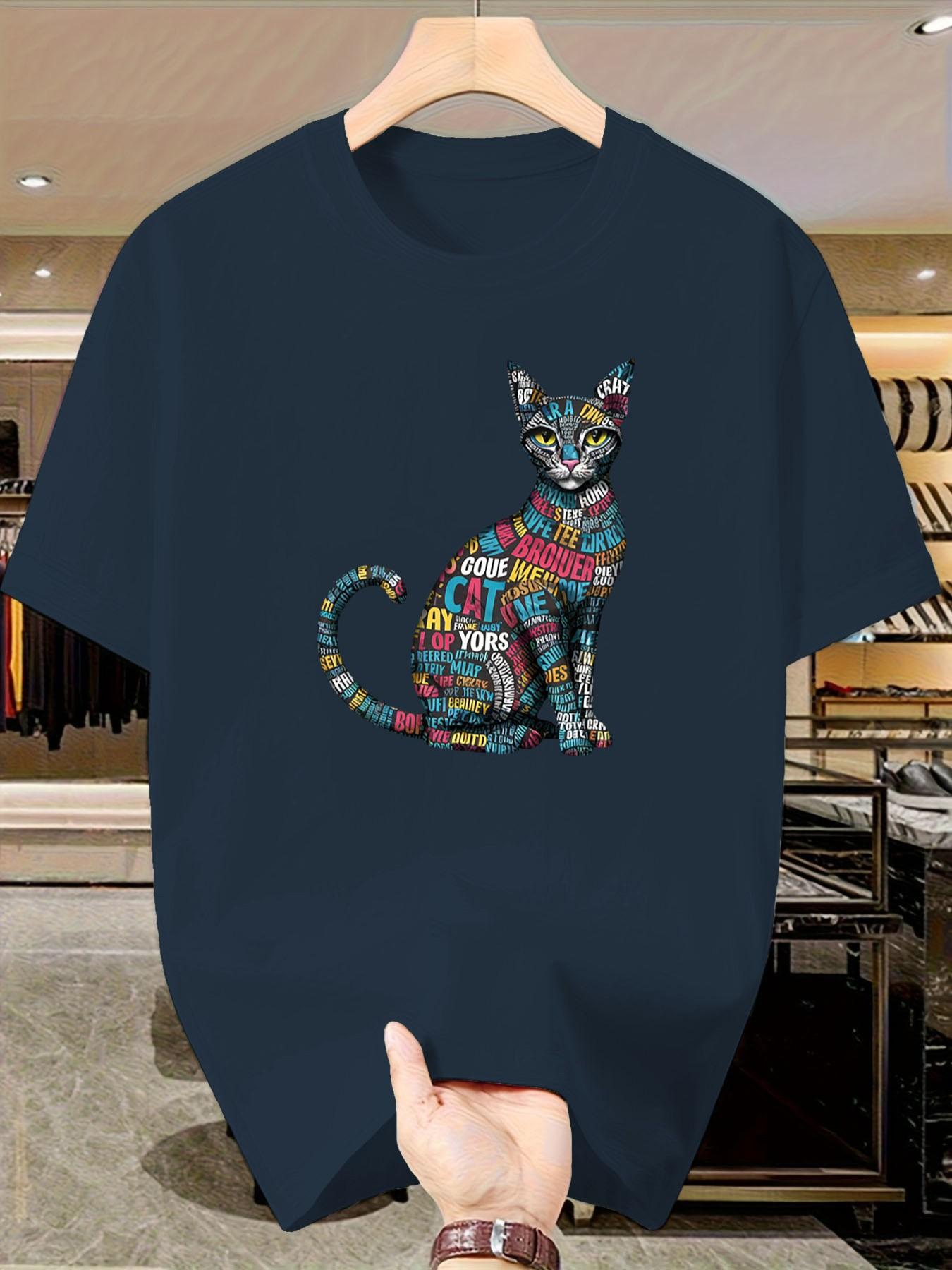 Artistic Word Puzzle Cat Short Sleeve T-Shirt, Summer Slim Fit Casual Top, Boys' Fashionable Tee, Unique Design, Cool Look