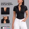 Women’s Fitted Zip Up Sportswear Jacket, Short Sleeve Mock Neck Athletic Top, Slim Fit Bodycon Casual Activewear for Workout, Travel & Everyday Wear