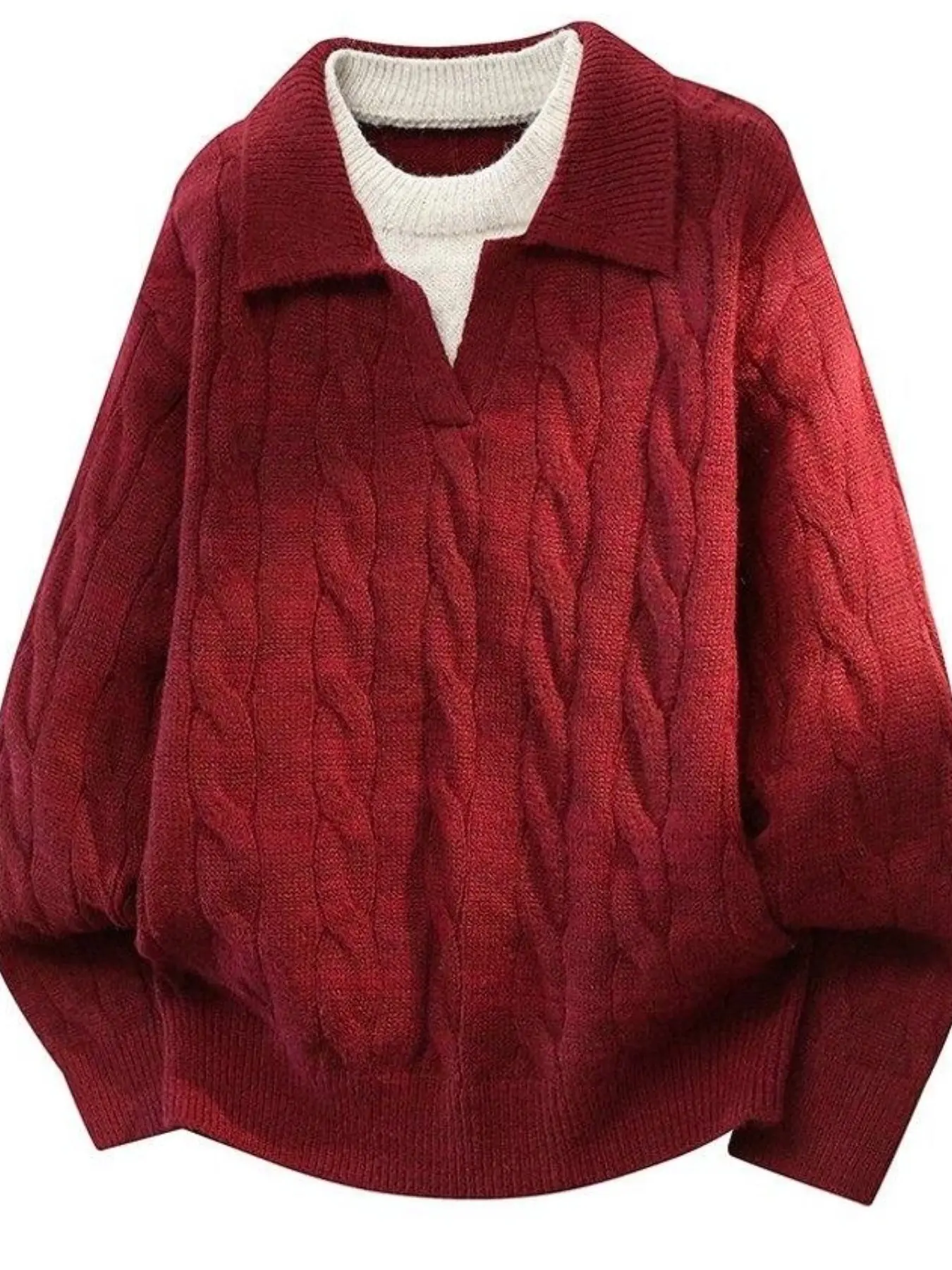 Men's Fake Two‑Piece Collared Cable Knit Sweater, Thick Soft Pullover Jumper, Long Sleeve V‑Neck Knitted Top, Casual Streetwear Fall Winter Daily Outfit