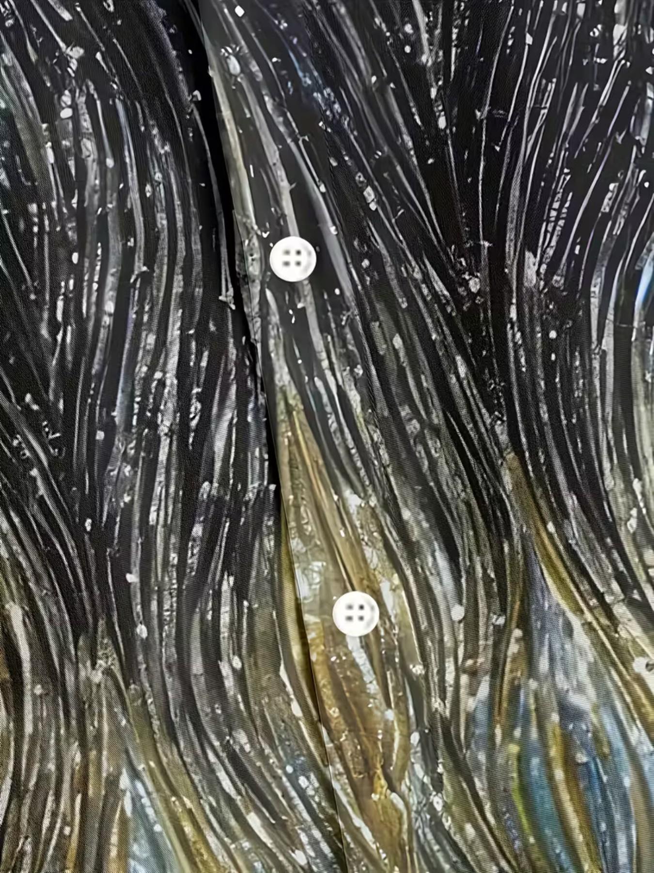 Men's Gradient Wave Gold Foil Print Short Sleeve Shirt, Summer Casual Vacation Style Collar Open Front Jacket, Trendy Unique Floral Blouse