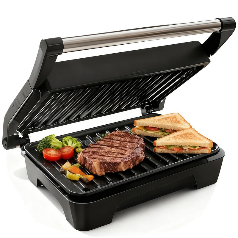 Panini Press Grill and Gourmet Sandwich Maker, equipped with non-stick coated plates, can open 180 degrees, suitable for grilling steaks, burgers and sandwiches, and the body color is black