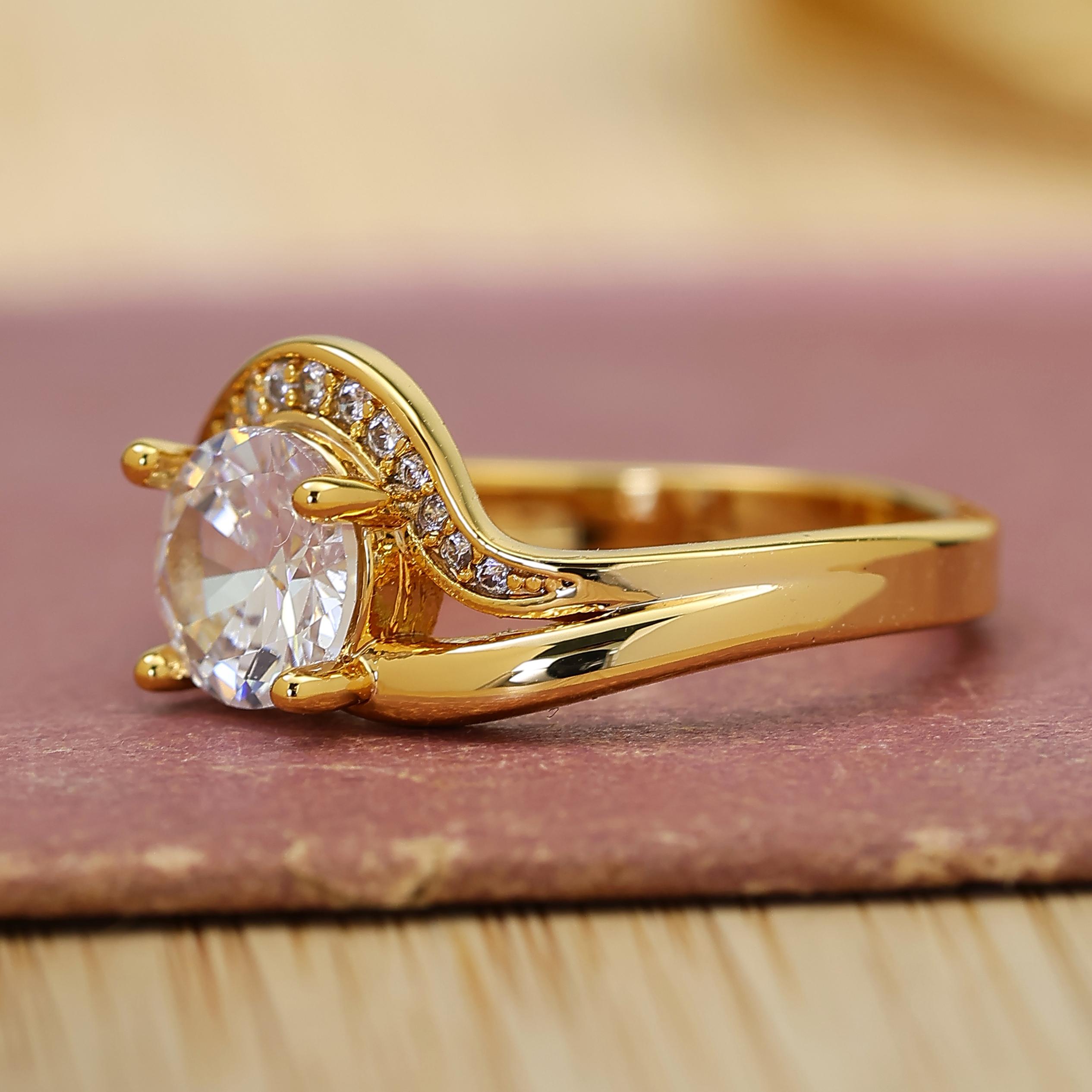 Solitaire Engagement Ring with Sleek Gold-Tone Twisted Band, Unisex Statement Jewelry for Wedding or Anniversary, Bridal Engagement Ring, Elegant Ring