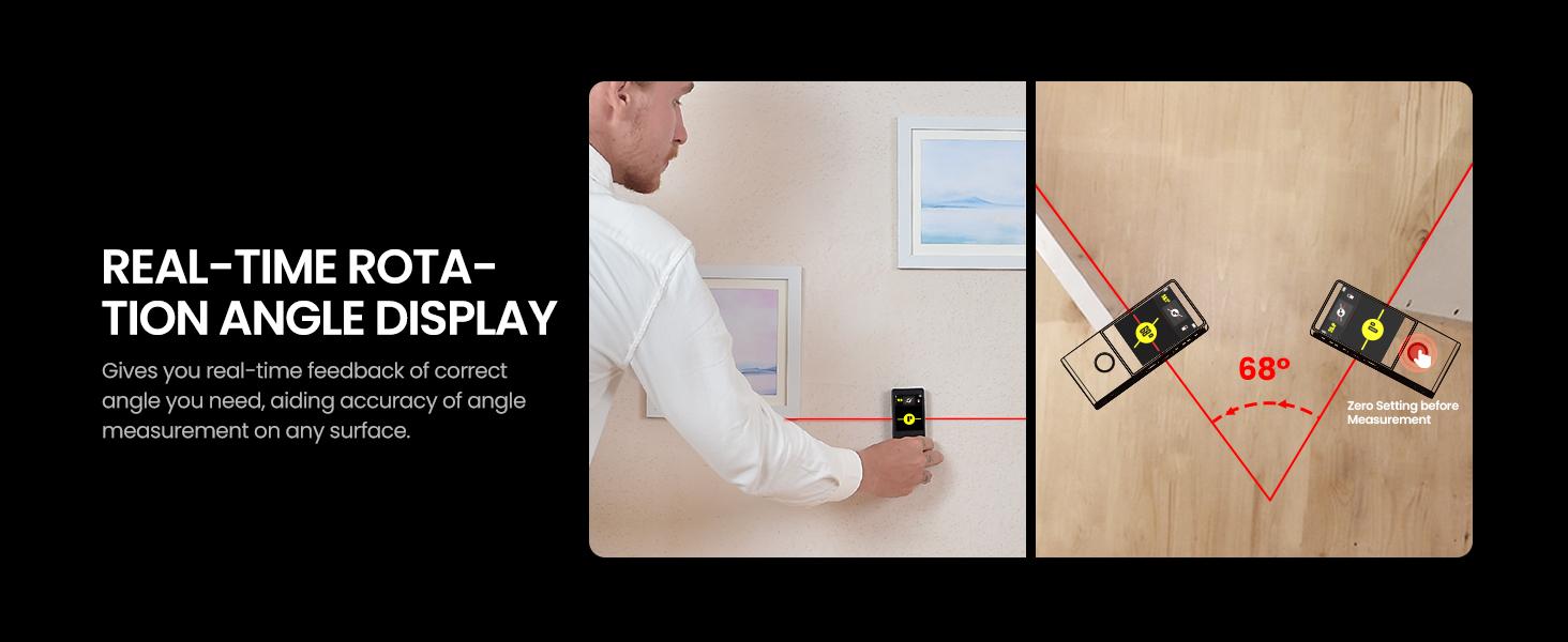 Mileseey D9 Pro 330Ft Professional Laser Measurement Tool, equipped with an IPS touchscreen interface, point-to-point measurement, live angle display, APP sync support, and a laser measuring tool with a visual aligning indicator. Rechargeable Range Finder