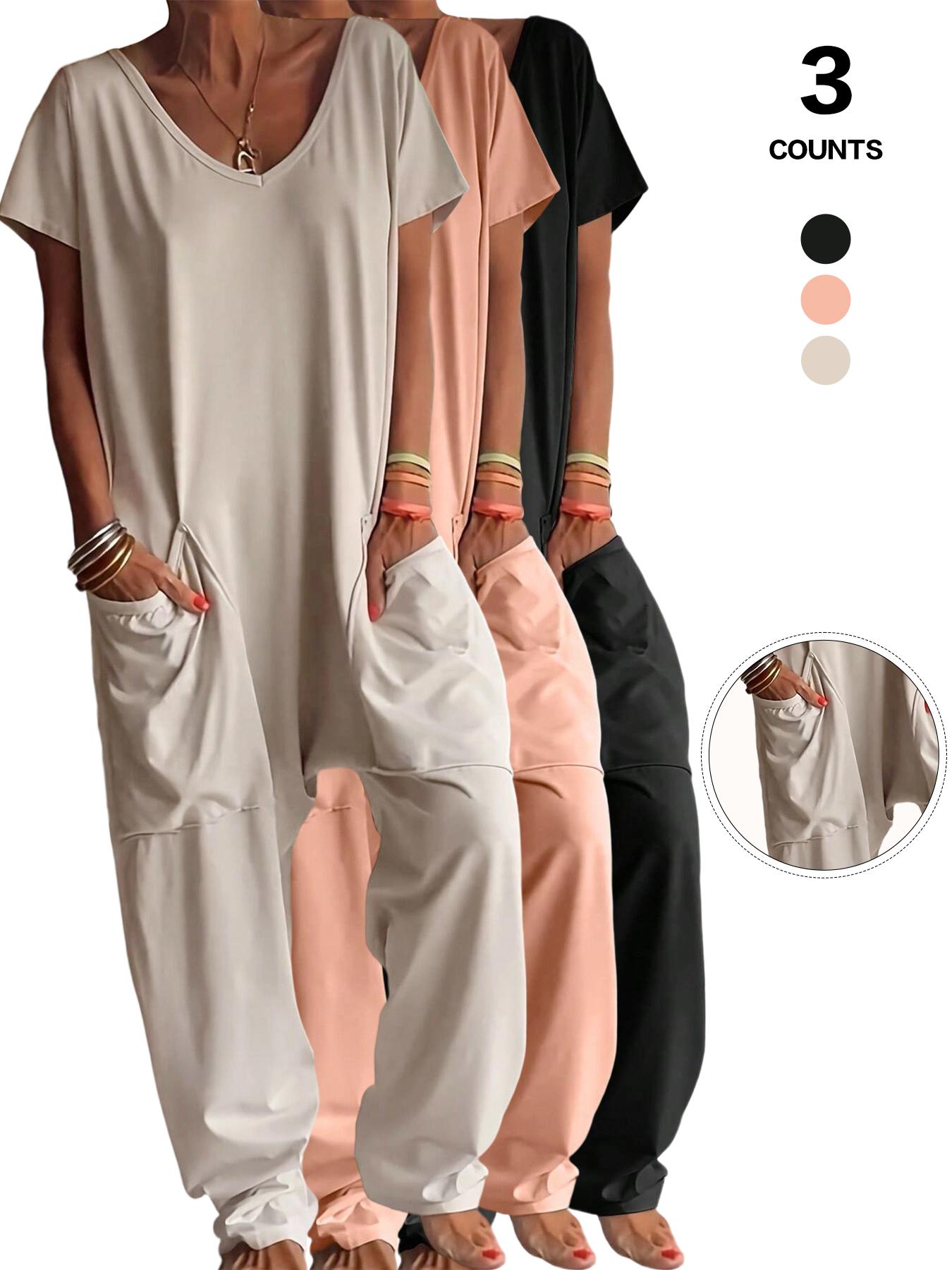 Women's Solid Color V-Neck Oversized Pocket Low Waist Jumpsuit, Casual Home Wear, Comfortable One-Piece Pants, Perfect for Daily Use