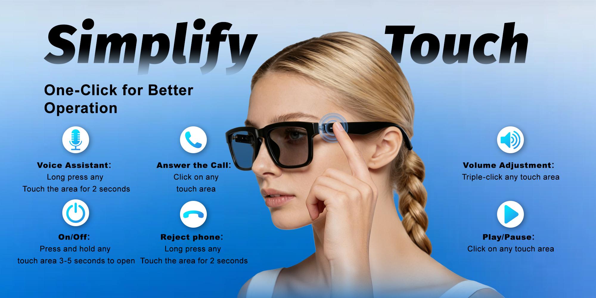Smart Bluetooth Glasses,Built in Mic & Speakers,Smart Wireless Headphone Sunglasses/Blue Light for Men and Women,Athletic/Outdoor UV Protection,Touch & Voice Control,Unisex