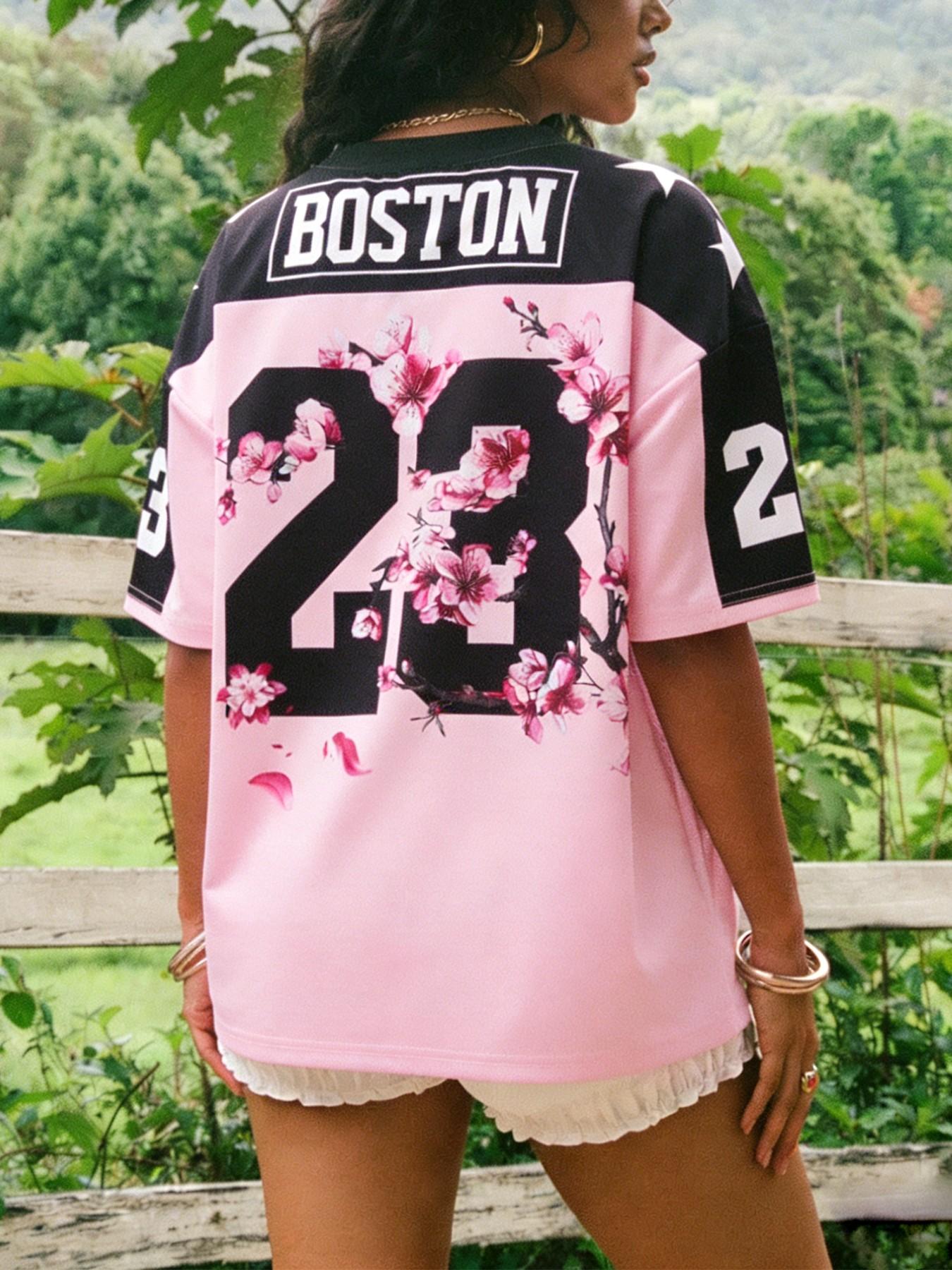 Women's Vintage Loose Fit Football Jersey, Floral Print & Sleeves, Casual Sports Wear, Outdoor Activities & Daily Wear