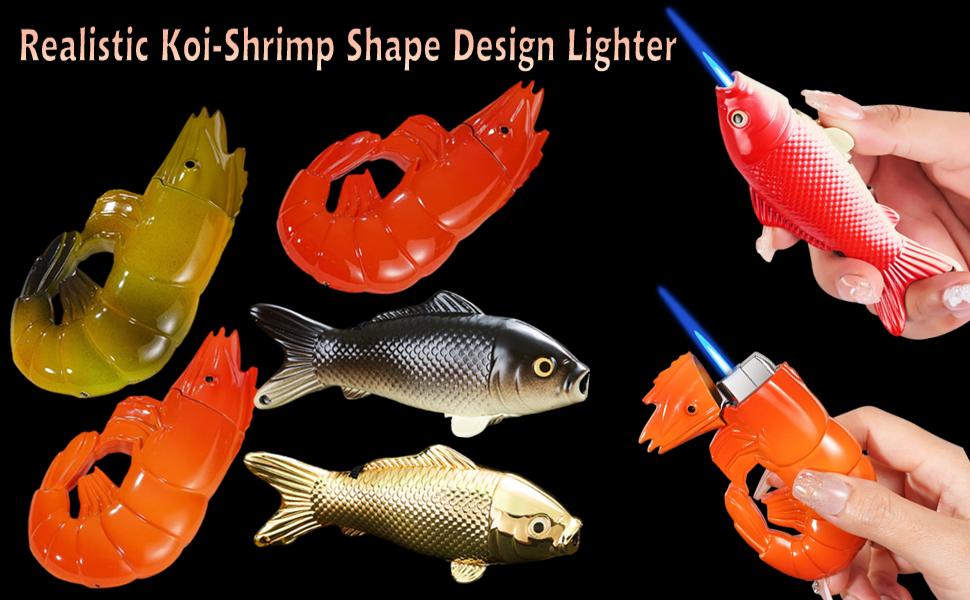 Cool No Gas Lighters, Windproof Lighters With Prawns-Shaped Design, Novelty Jet Flame Adjustable Flame Refillable Butane for Kitchen Outdoor Indoor (Without Butane Gas)
