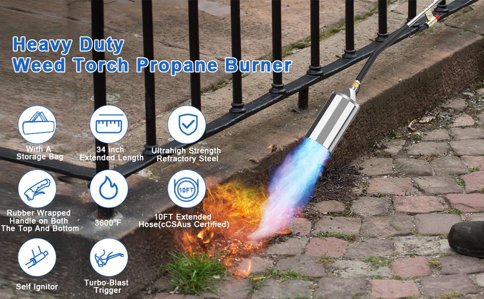 Portable Propane Torch Burner with Storage Bag Powerful Propane Weed Torch with 10FT Hose Flame Weeder with Turbo Trigger for Flame Weeding,Roof Asphalt,Ice Snow,Road Marking