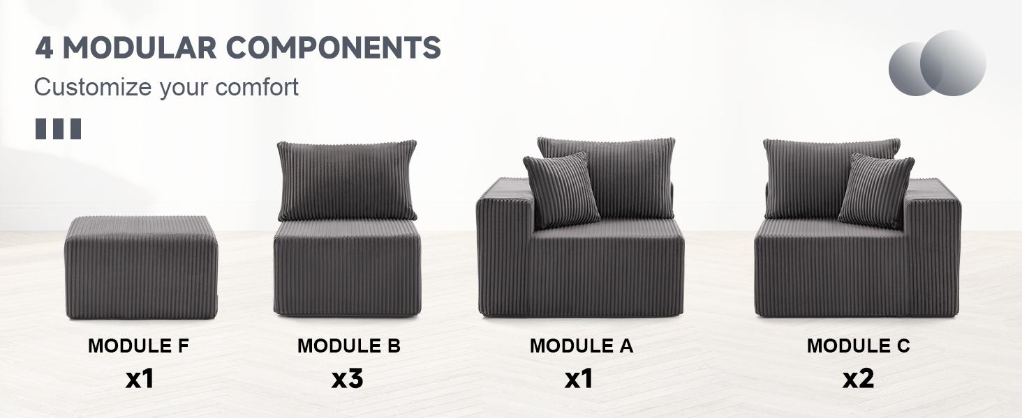 【4 packages】135.4" Cloud Couch Sectional, Sectional Sleeper Sofa with Deep Seat, Plush Corduroy U Shaped Boneless Couch, Convertible Modular Couches for Living Room, 7Seat