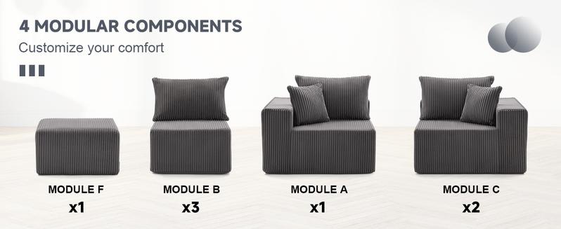 【4 packages】135.4" Cloud Couch Sectional, Sectional Sleeper Sofa with Deep Seat, Plush Corduroy U Shaped Boneless Couch, Convertible Modular Couches for Living Room, 7Seat