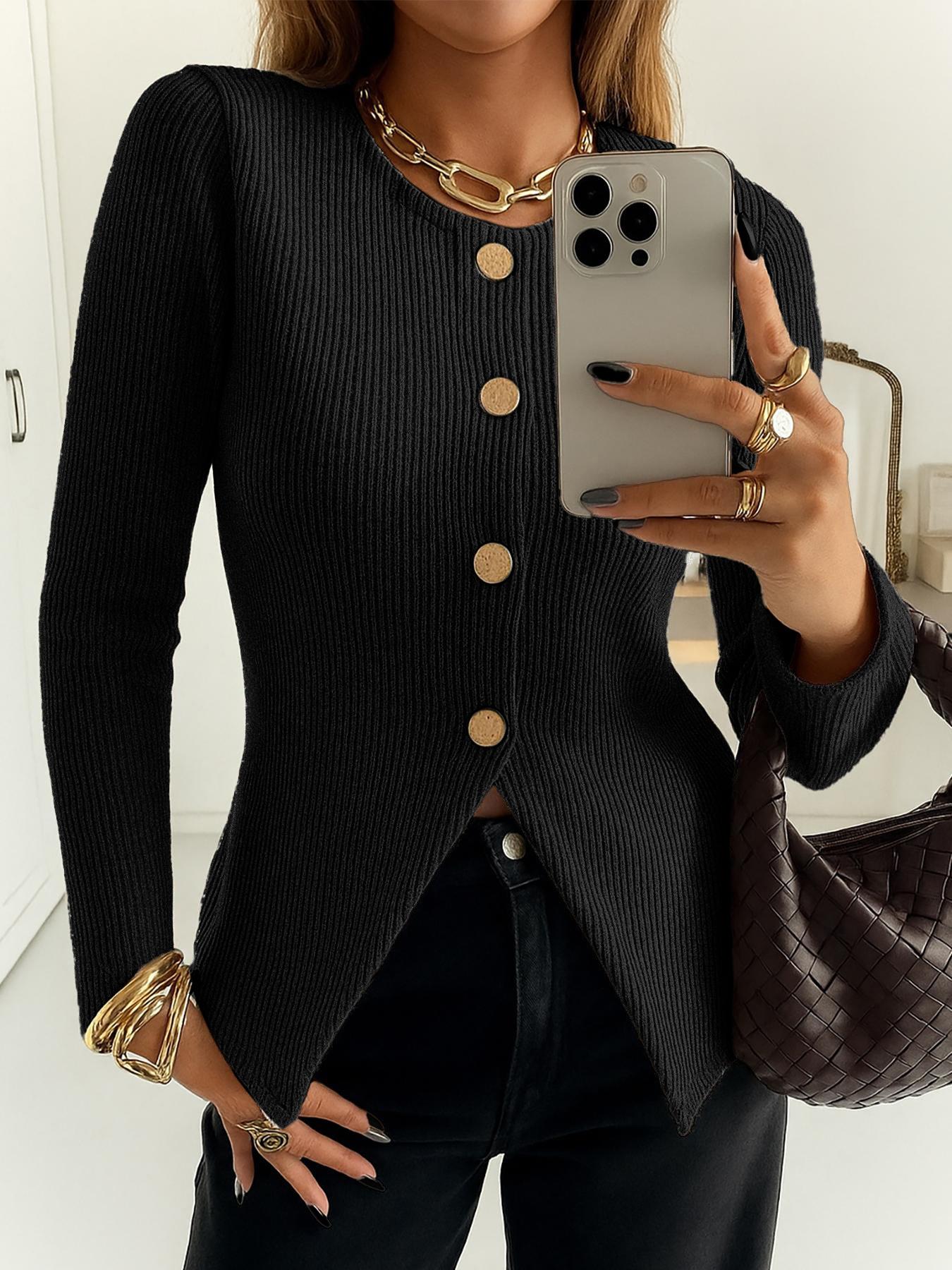 Women's Elegant Ribbed Knit Button-Front Long Sleeve Top, Casual Elegant Fitted Design in Medium-Weight Fabric for All-Season Wear
