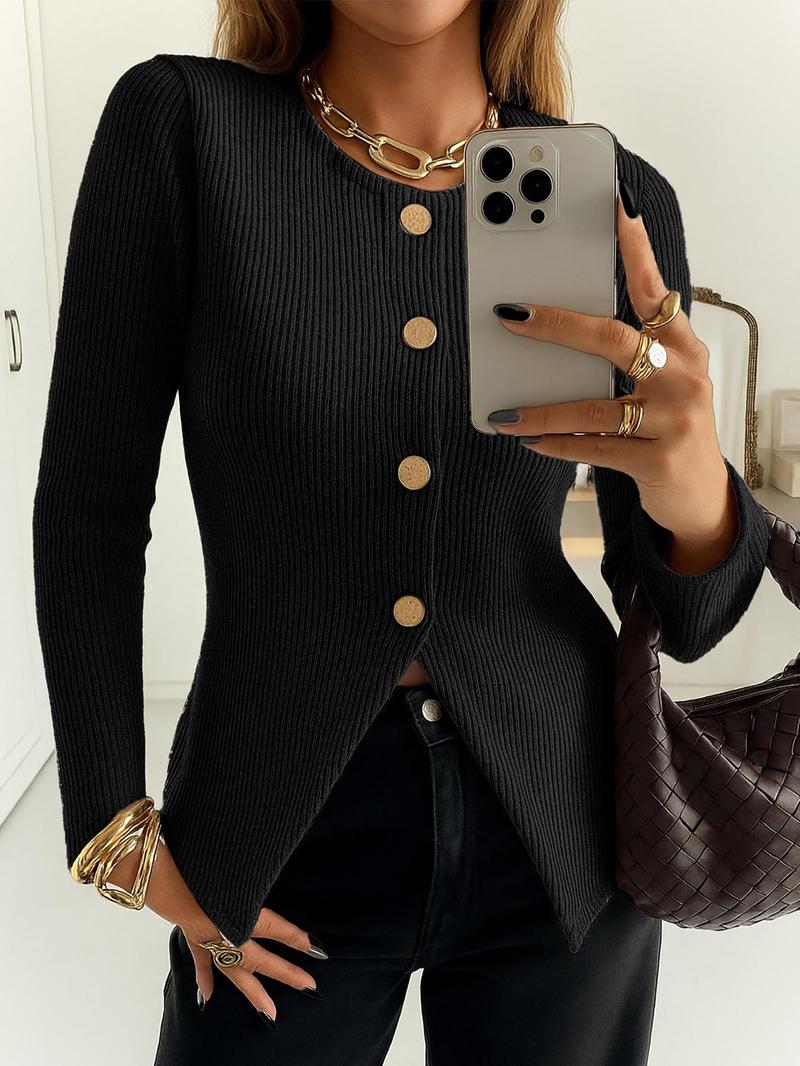 Women's Elegant Ribbed Knit Button-Front Long Sleeve Top, Casual Elegant Fitted Design in Medium-Weight Fabric for All-Season Wear