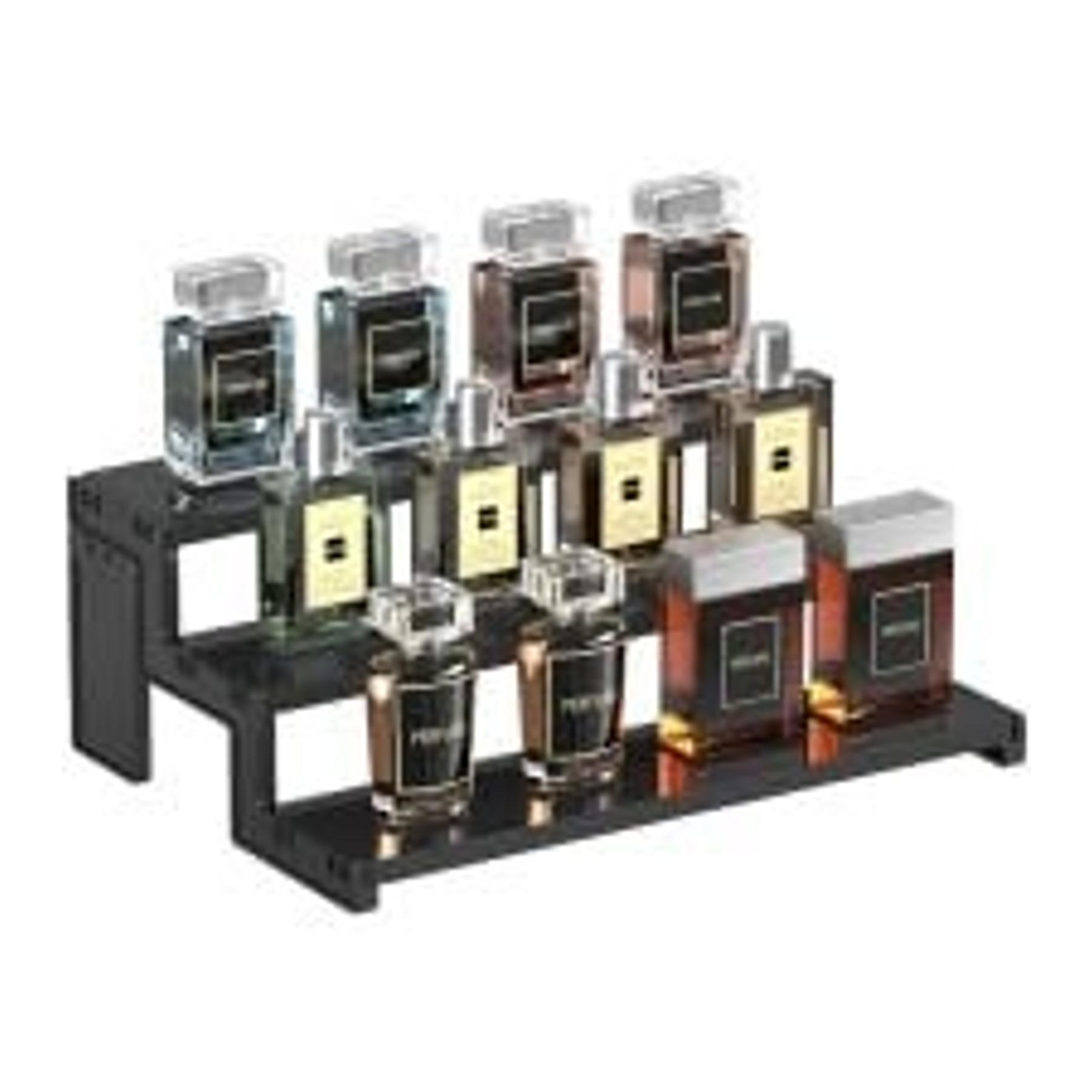12" Plastic Perfume Organizer - 1-Piece Black Display Riser Shelf, Tool-Free Installation, for Makeup, Spice, Bedroom Counter Indoor Furniture Storage Decor