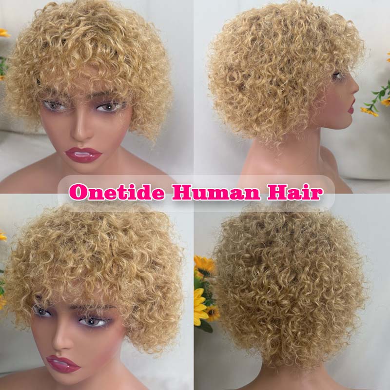 Glueless Wigs Short Curly Bob Wig with Bangs Wear To Go Short Curly Human Hair Wig for Women 180 Density Brazilian Virgin Human Hair Glueless No Lace Machine Made Wigs