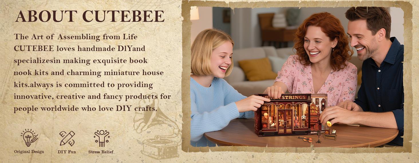 CUTEBEE Bach Strings 3D DIY Book Nook Kit – Miniature House Dollhouse with LED, Handmade for Teens & Adults | Perfect Christmas & Birthday Gift, Bookshelf Decoration