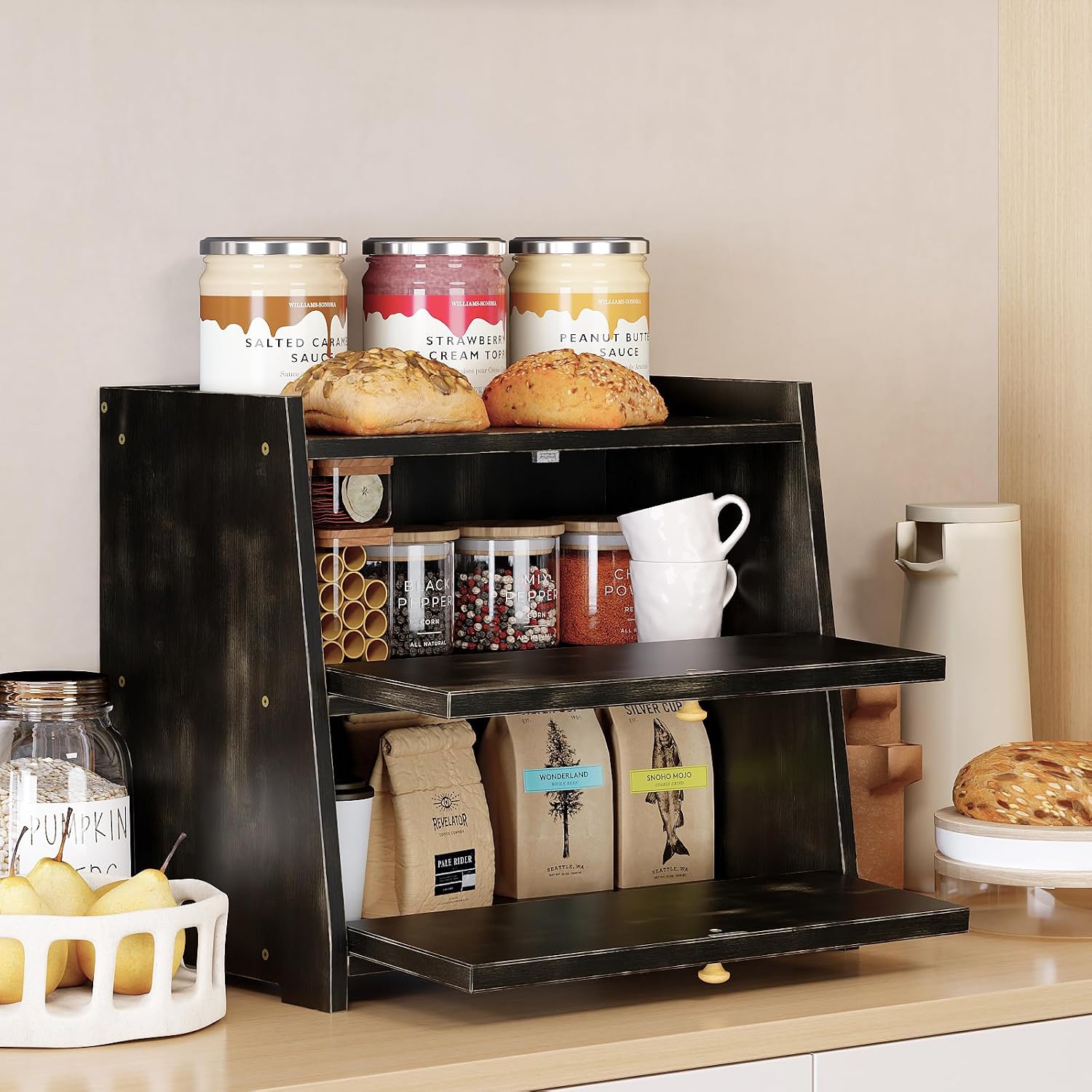 Double Layer Bread Box for Kitchen Counter  Bread Storage Container Large Capacity Bread Storage Bin (Antique Black)