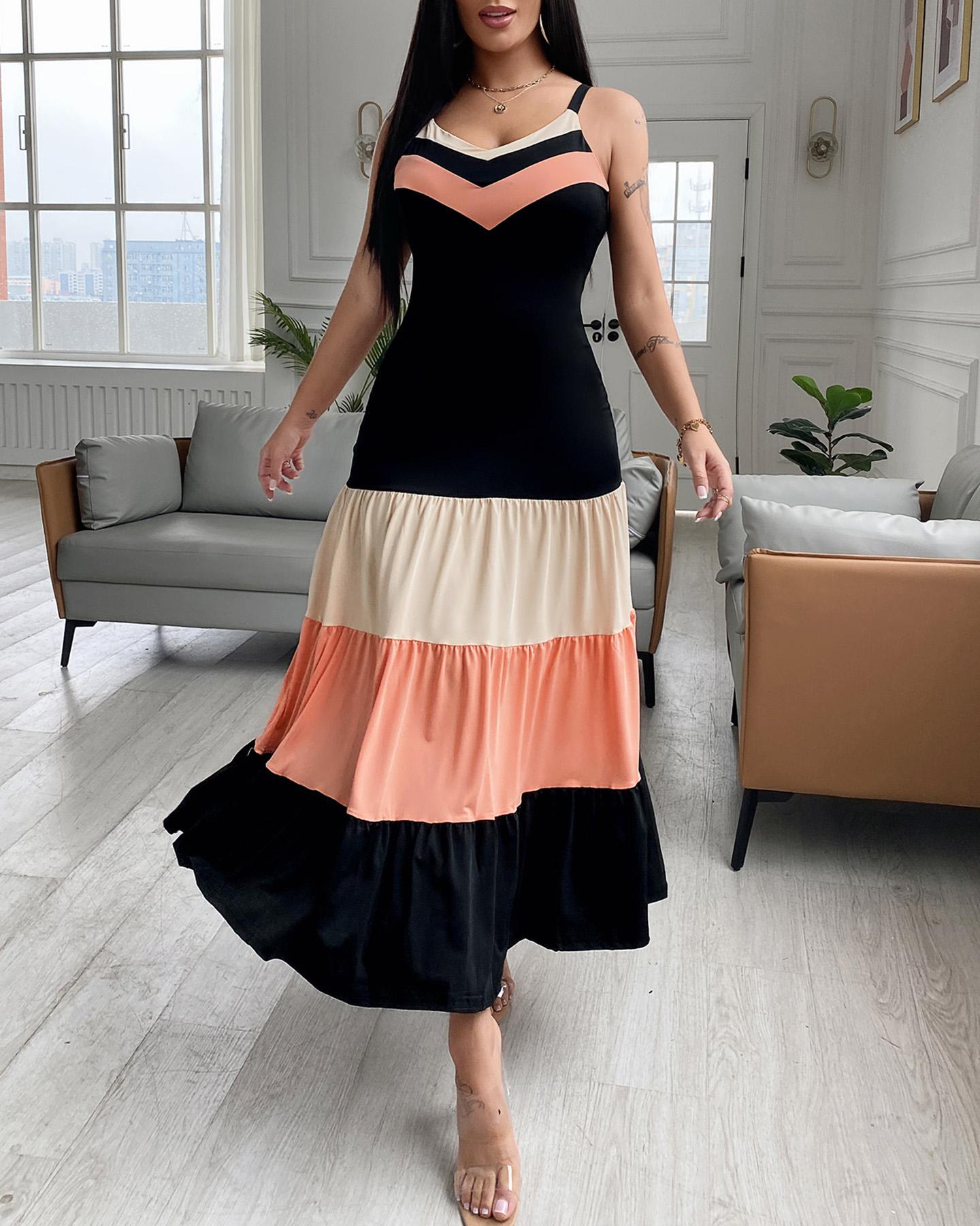 ChicMe Women's Spaghetti Strap Colorblock Maxi Dress - Ruched Ruffles Smock Sleeveless | Wedding Guest Dress, Formal Occasion, Evening Gown, Cocktail Party