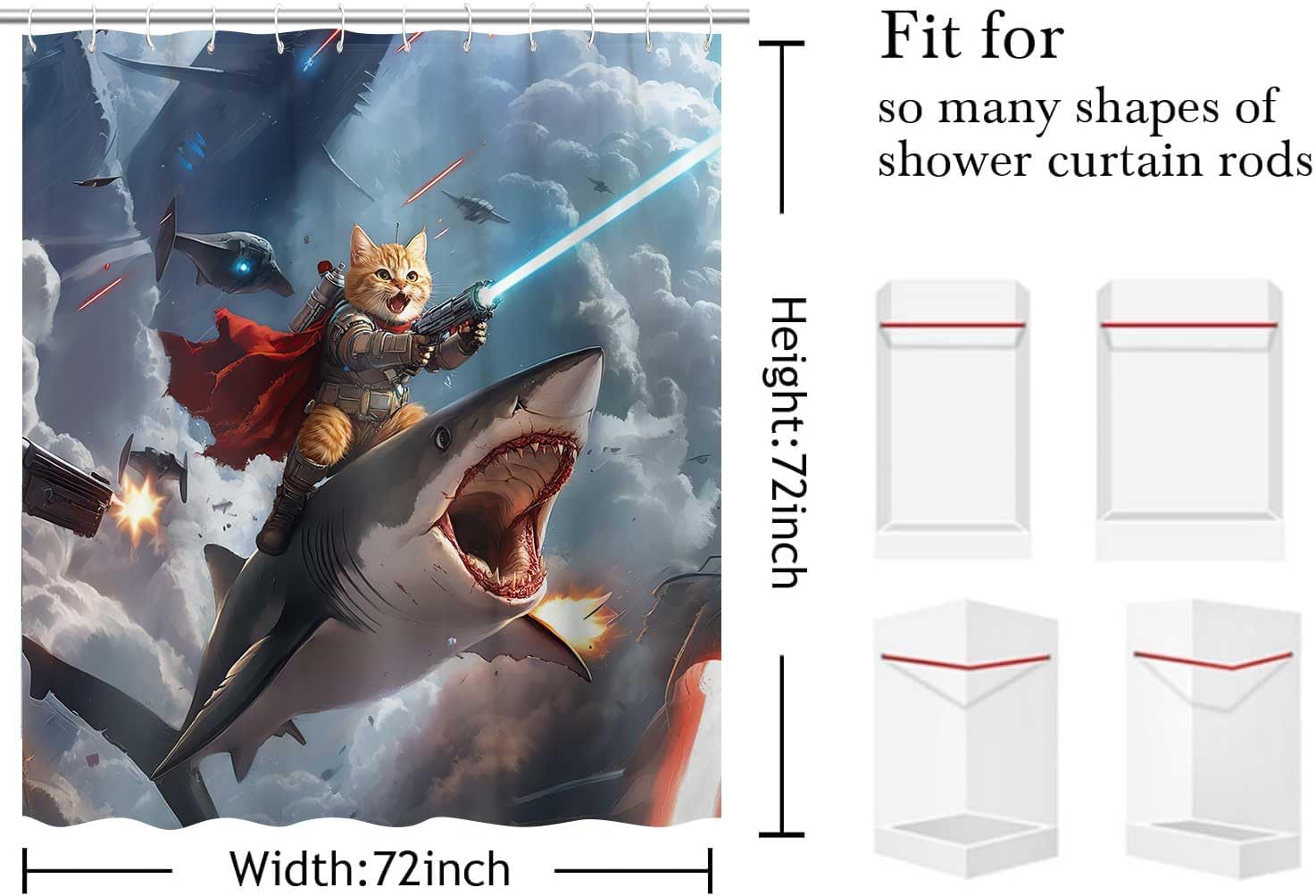 Funny Cat Knight Riding Shark in Space Battle Shower Curtain - Humorous Cat Laser Gun Galaxy Print, Waterproof Fabric Bath Curtain with 12 Hooks | Novelty Kids Bathroom Decor #showercurtain #catmeme #sharkdecor #spacecat #funnybathroom