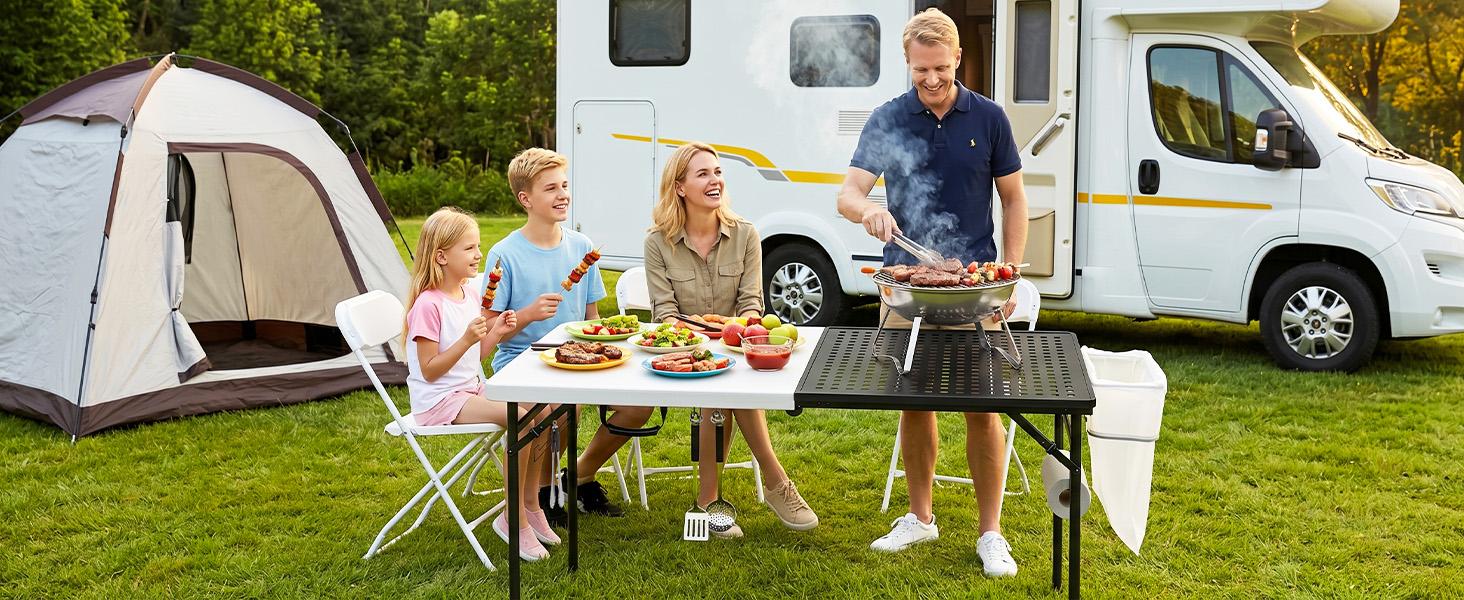 5ft Folding Table for Picnic Camping, Portable Outdoor Table with Metal Grid Grilling Surface, Heavy Duty Foldable Table for Cook Prep,Suitable for Camping, Backyard, Patio and Beach
