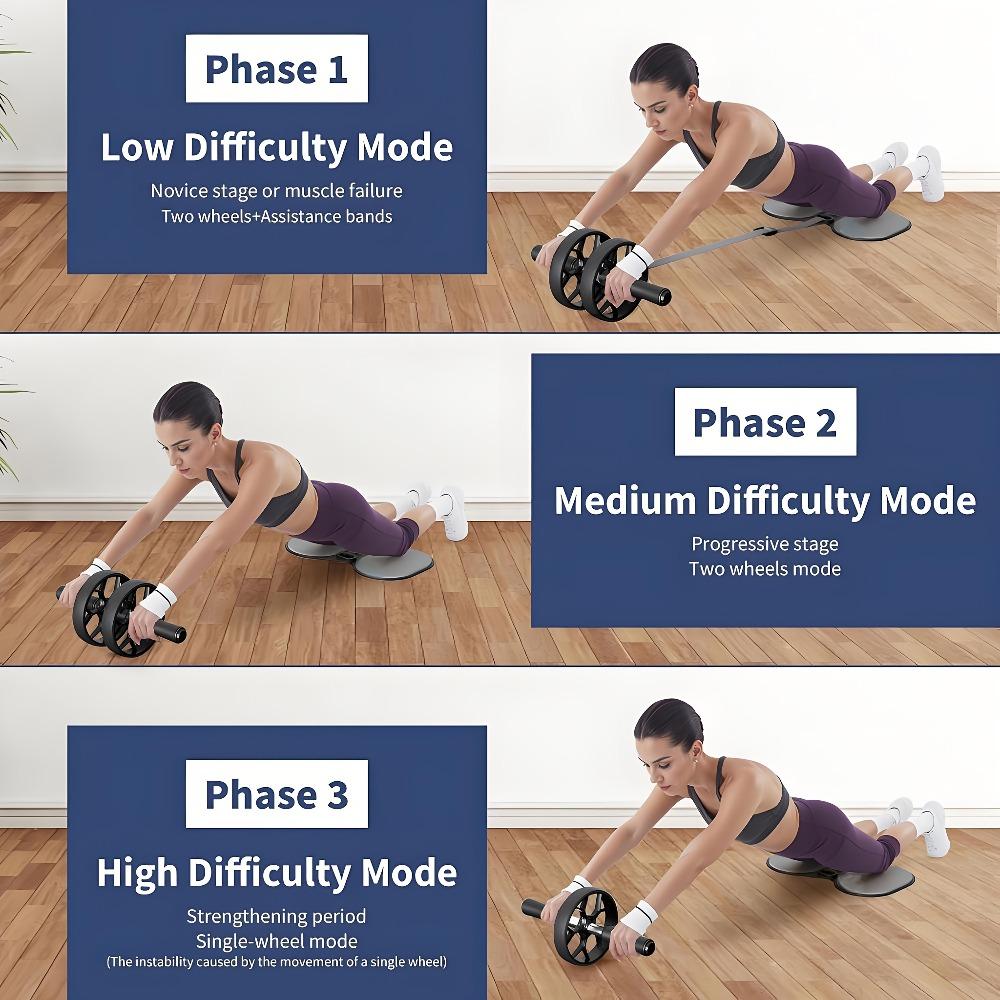 Automatic rebound ab roller with adjustable resistance, heavy-duty 330lb load-bearing. Non-slip surface and thick EVA knee pad protect joints. With unisex exercise guide for home ab training, compact portable for full core workout.