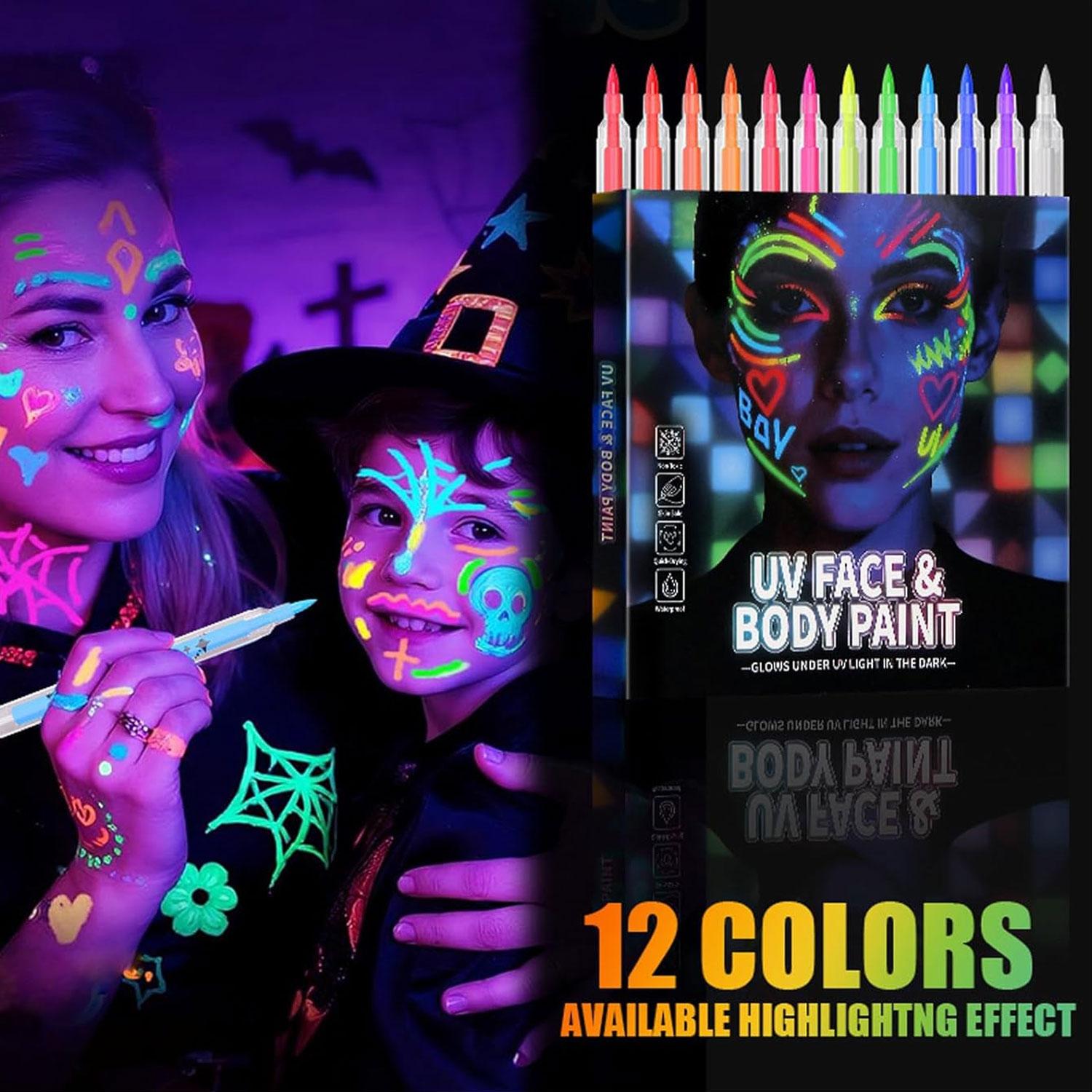 12 Colors UV Neon Glow Face & Body Paint Markers, Washable Non-Toxic Night Light Set, Party, Role Play, Festival, Event Use