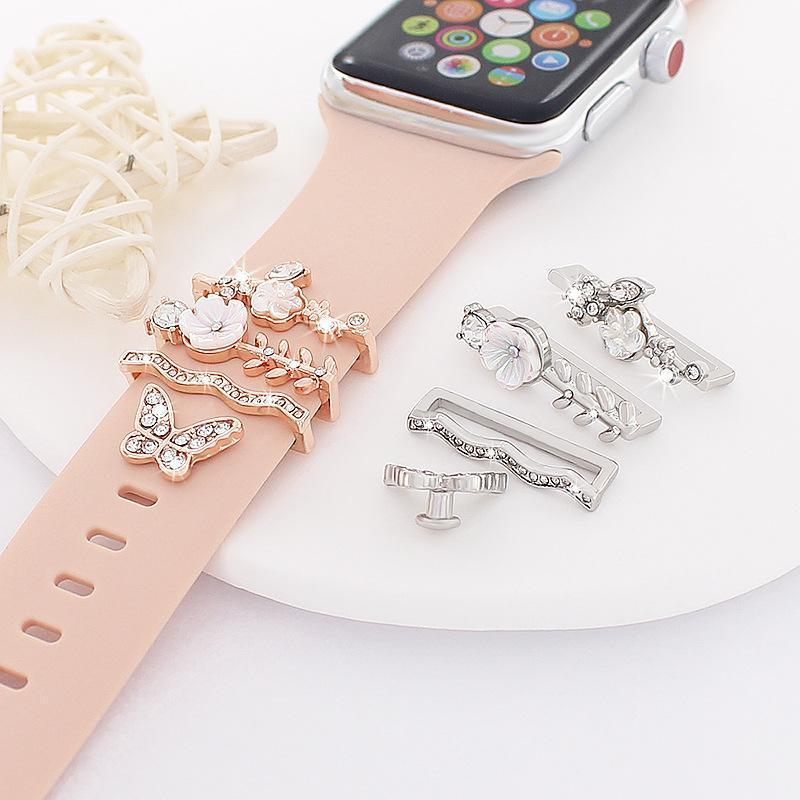 Crystal Rhinestone Flower & Butterfly Decorative Charms - Personalized Accessories for Silicone Watch Bands, Universal Ornament Rings for Smart Watches