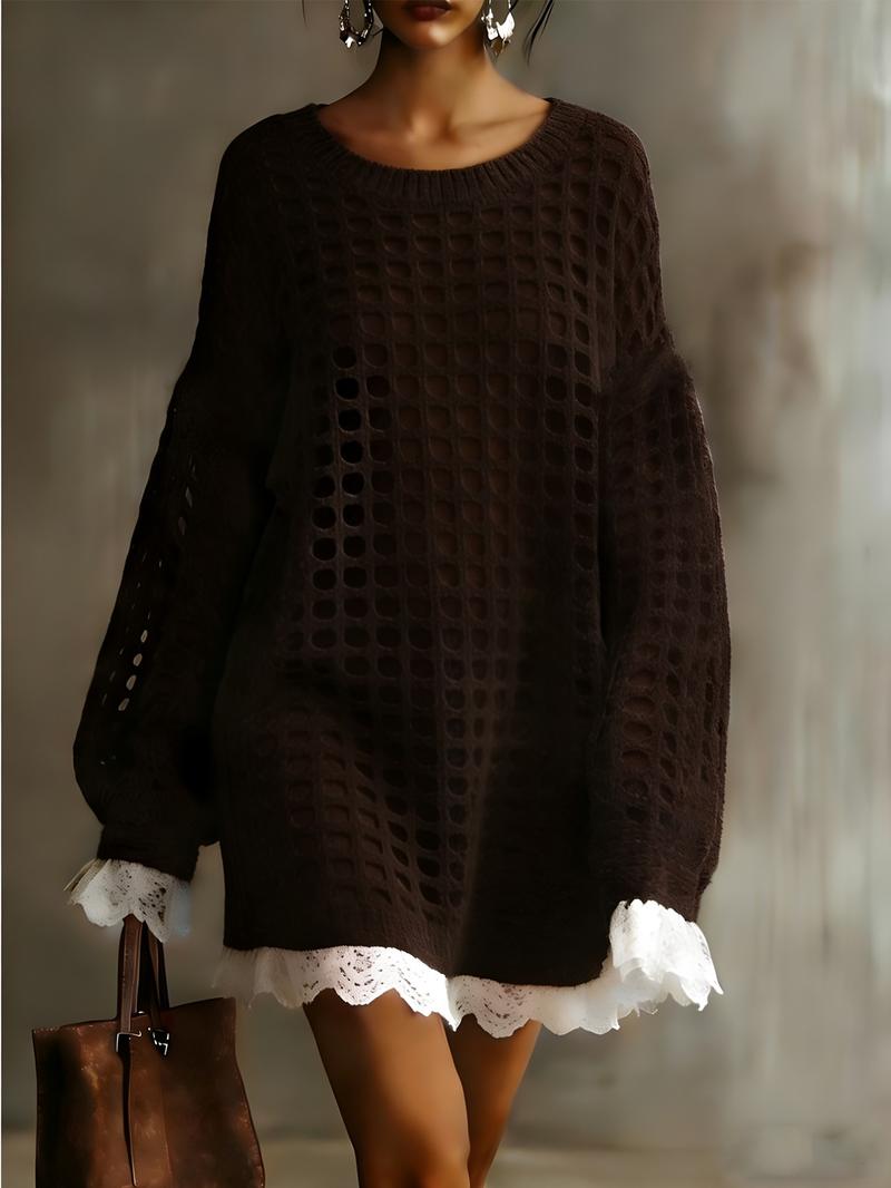Women's Solid Color Round Neck Hollow Out Long Sleeve Lace Knit Dress Sweater, Casual Fashion, Perfect for Fall & Winter