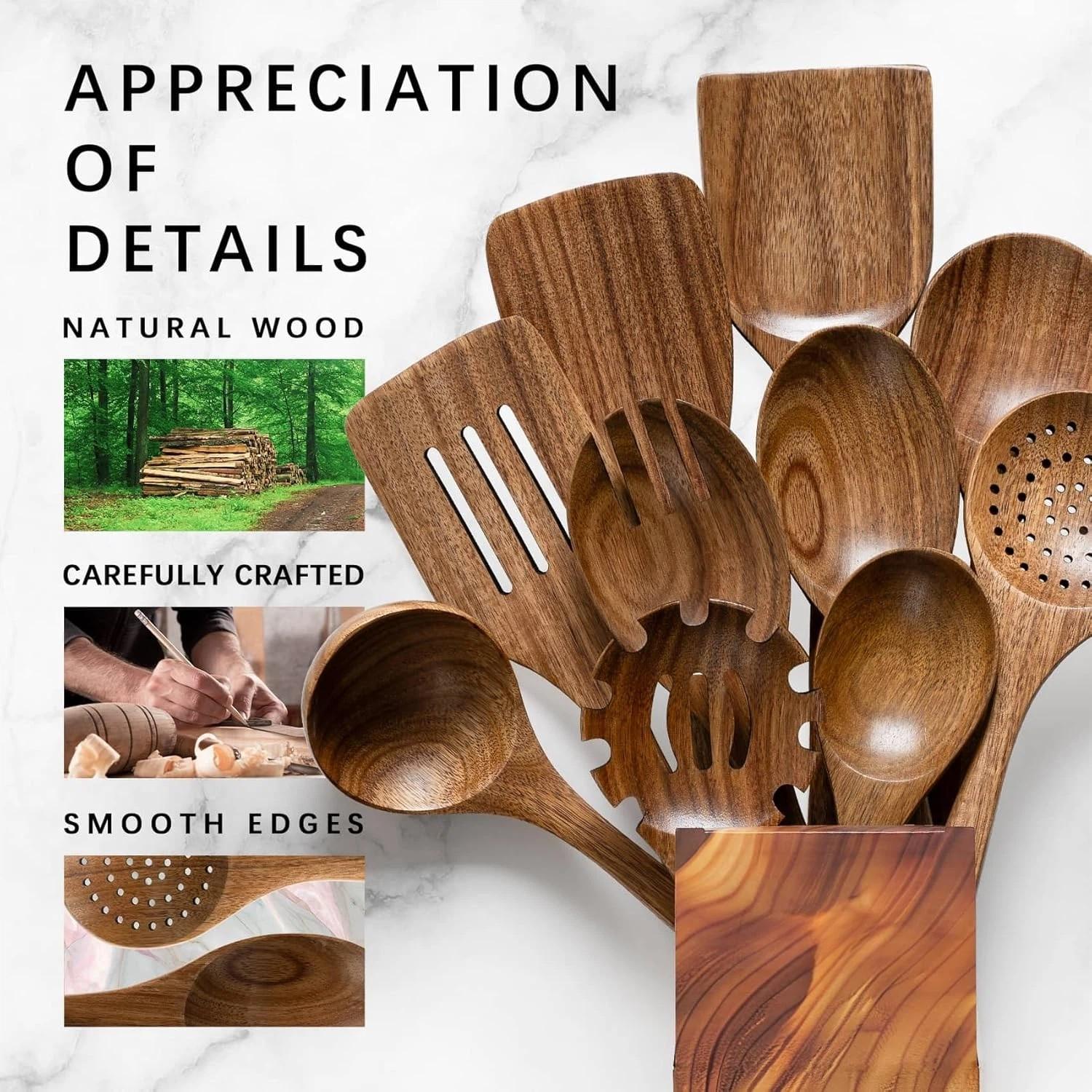10-Piece Natural Teak Wood Kitchen Utensil Set, Durable Wooden Cooking Tools, Perfect for Mother's Day, Thanksgiving, Christmas