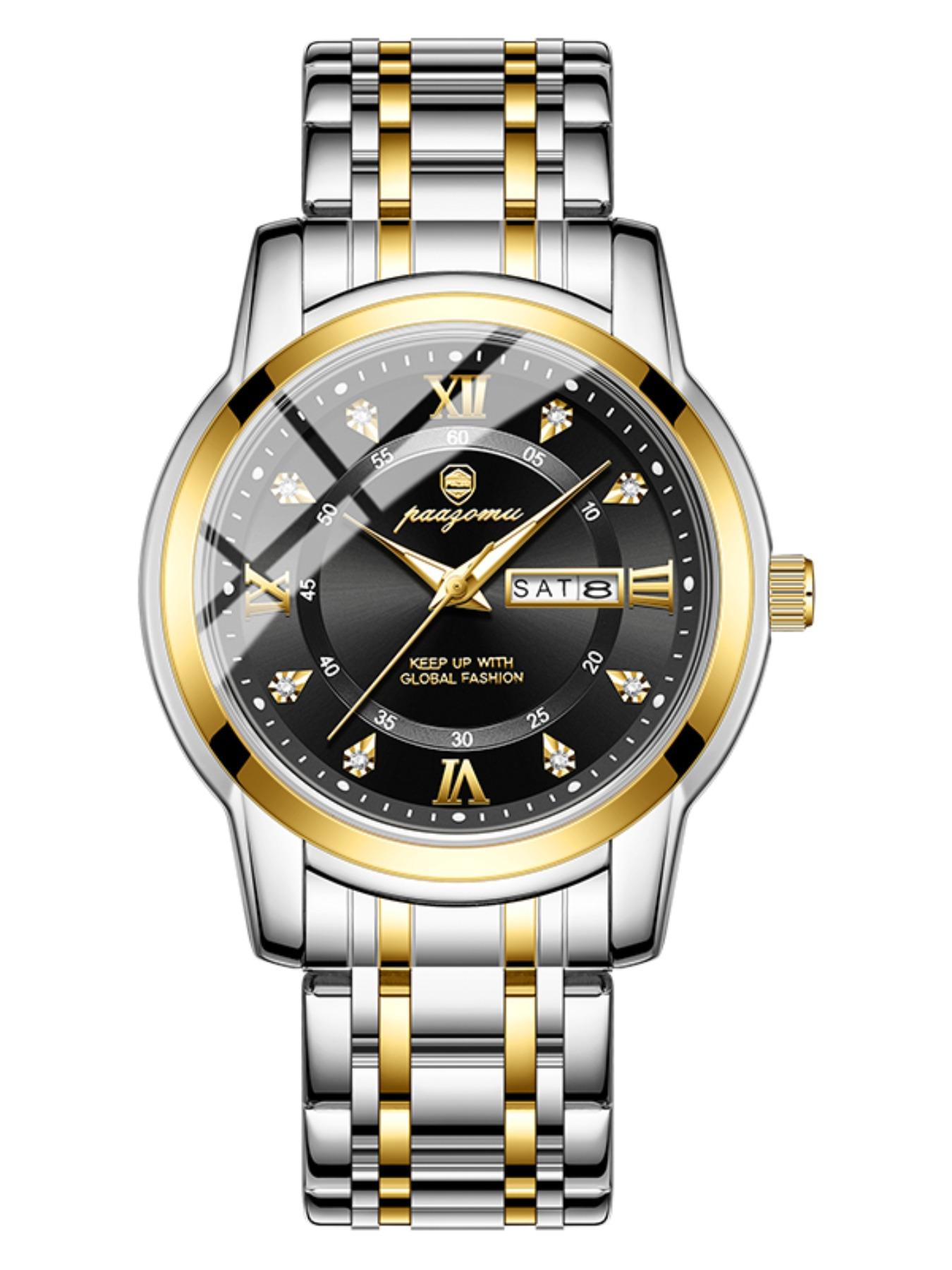 Paazomu Luxury Men's Watch, Waterproof Luminous Date, Stainless Steel Sport Fashion, Quartz Watch for Men, Stylish Male Clock