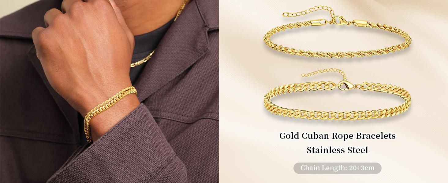 PEALICIOUS Bracelets for Men Jewelry as 2 PCS Silver/Gold Bracelet for Men Chain, 7-10In Stainless Steel Bracelets for Men Fathers Days Gifts for Boys Pulseras Para Hombres Mens Accessories