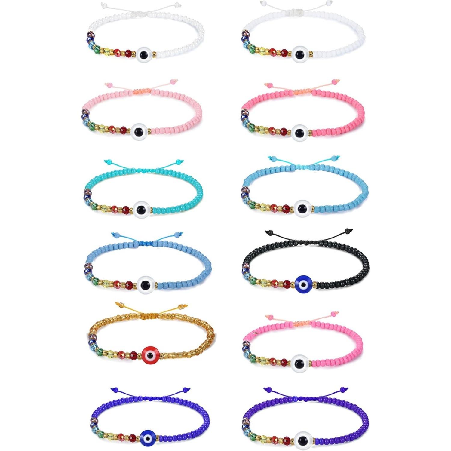 12Pcs Colorful Beaded Evil Eye Bracelets for Women Men Handmade Black Red Adjustable Ojo Bracelets Good Luck Protection Bracelet Jewelry Gift for Friends Family
