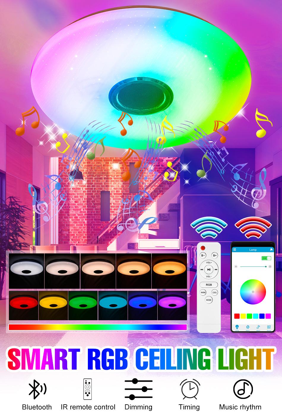 RGB LED Bluetooth Ceiling Light DSP Music Melody Player BT APP Control 256Colors Dimmable 100-240V Smart Timer Switch Memory Function Bedroom Living Room Colorful Atmospheric Night Lamp Festival Party Mlticolor Mood Rhythm Decoration Lighting with Remote