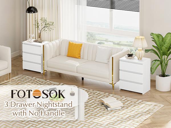 FOTOSOK Nightstand Set of 2, White Nightstand with 3 Drawers, White Bedside Table 3 Drawer Nightstand, 2 Pcs