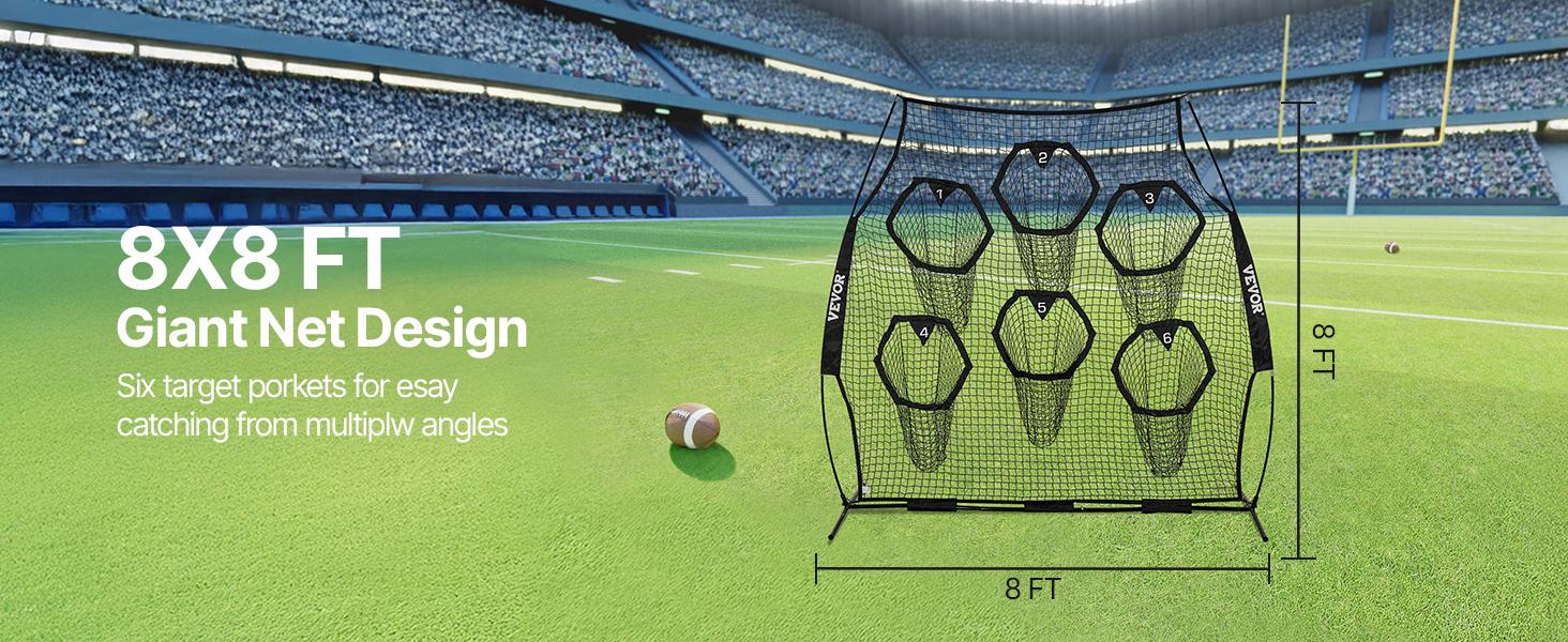 VEVOR 8x 8 ft Football Trainer Throwing Net, Training Throwing Target Practice Net with 6 Target Pockets, Knotless Net Includes Straps and Portable Carry Case, Improve QB Throwing Accuracy, Black