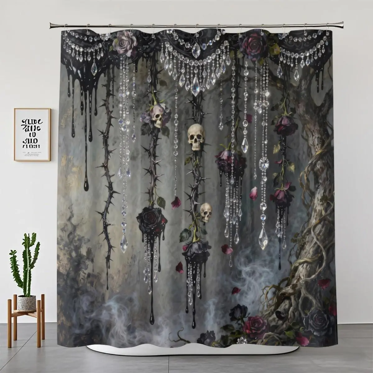 1/4pcs Gothic Crystal Skulls & Roses Decorative Shower Curtain Set, Dark Romantic Spooky Black Drip Vines Tree Mystical Bathroom Decor, Waterproof Washable Fabric Halloween Accessory