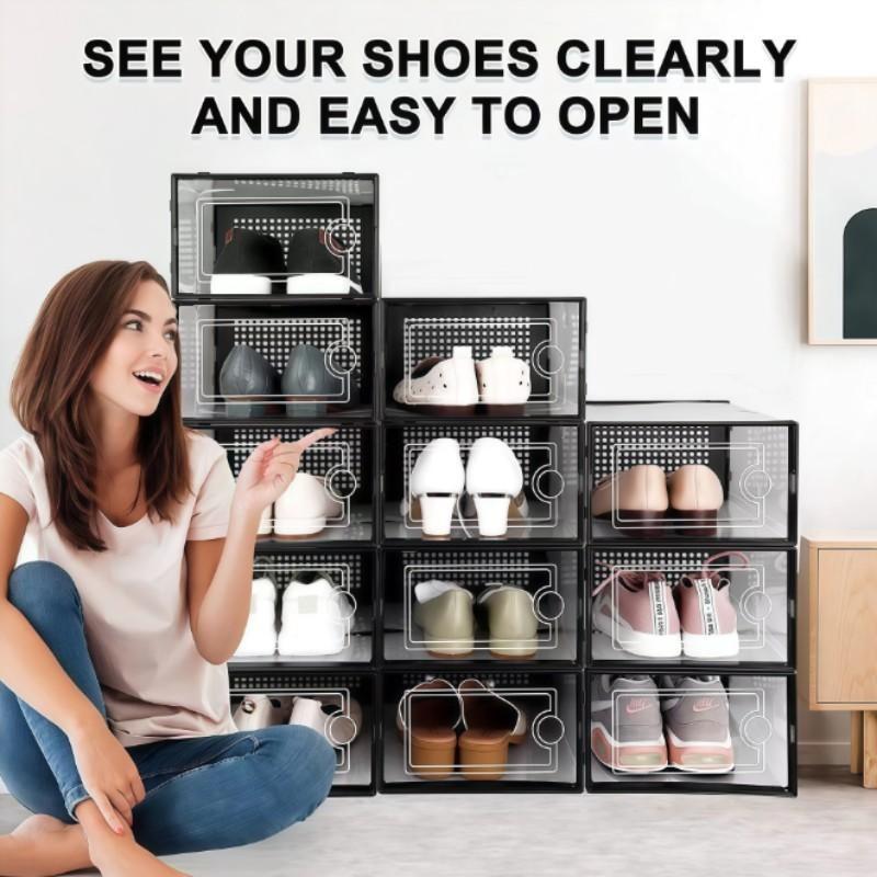 Clear Plastic Stackable Shoe Boxes, Upgrade X-Large Shoe Organizer, Drop Front Design with Transparent Door, Ideal for Sneaker Display