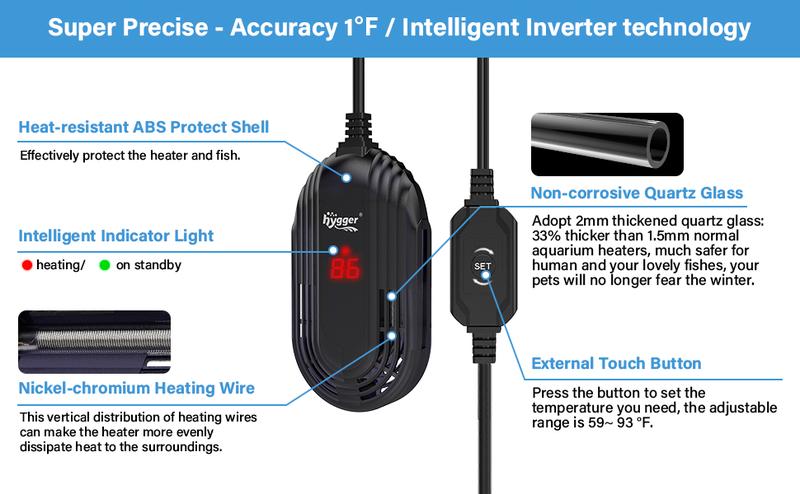 hygger Small Aquarium Heater, Submersible Betta Fish Tank Heater with Adjustable Temperature External Controller, Turtle Heater with LED Display for up to 2.5- 25 Gallon Tanks