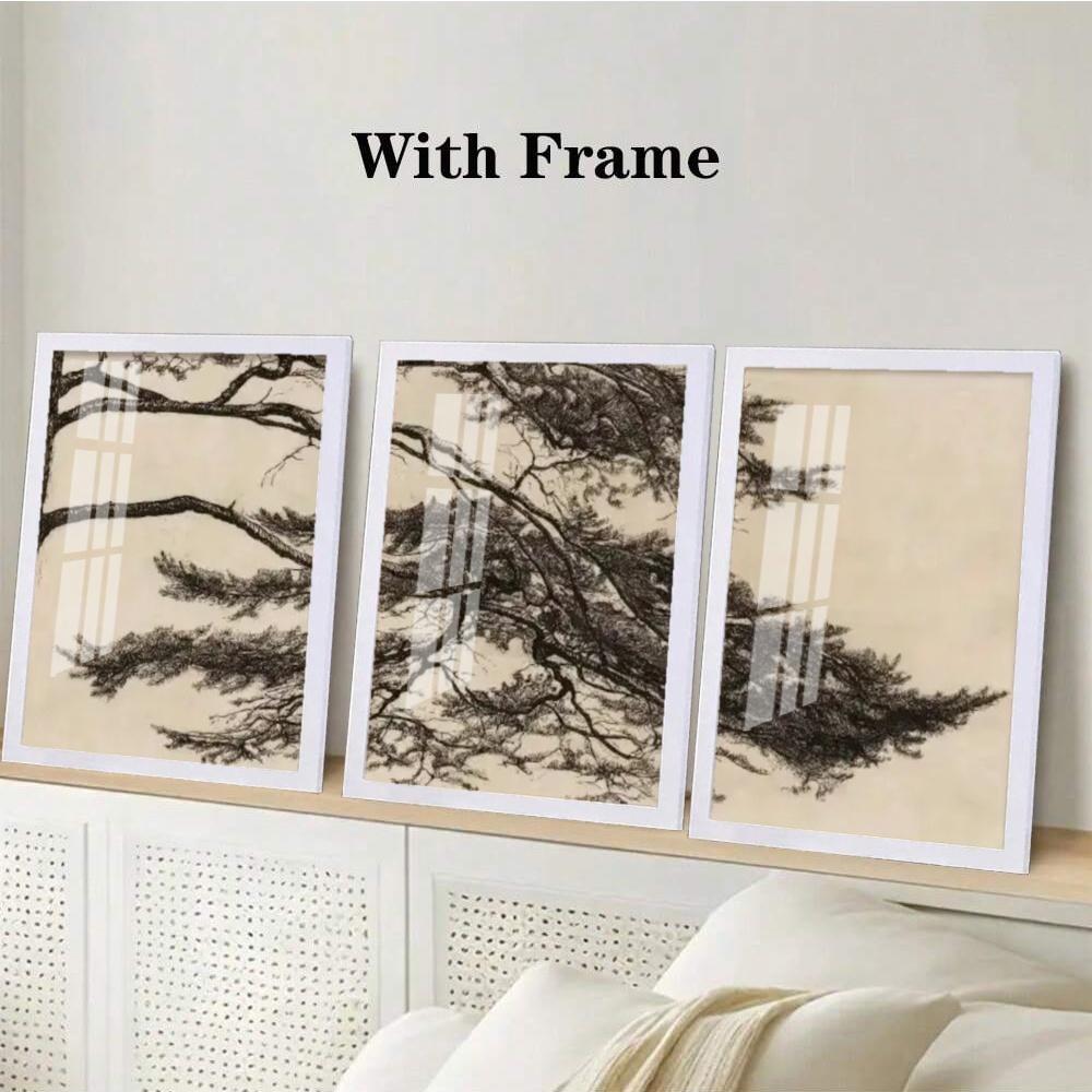 3-Piece Optional Wooden Frame Vintage Pine Tree Branch Botanical Art Poster High Grammage Moisture-proof Micro-spray Flat Surface No Color Difference Home Wall Decor