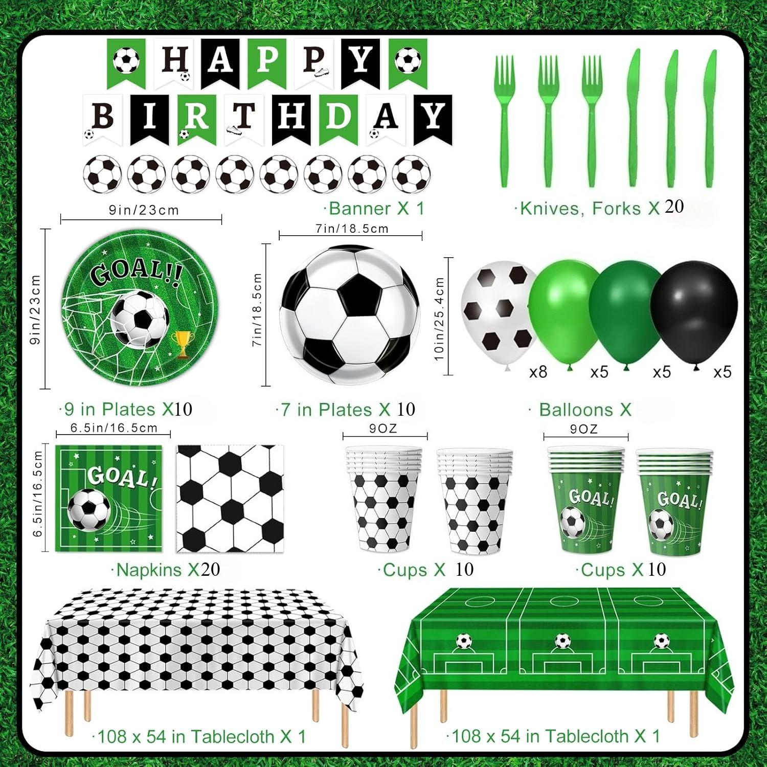 135/170-piece football themed decoration set: plates, napkins, cups, banners, balloons, tablecloths and tableware, suitable for 10-24 people, plus 10 football painting stickers