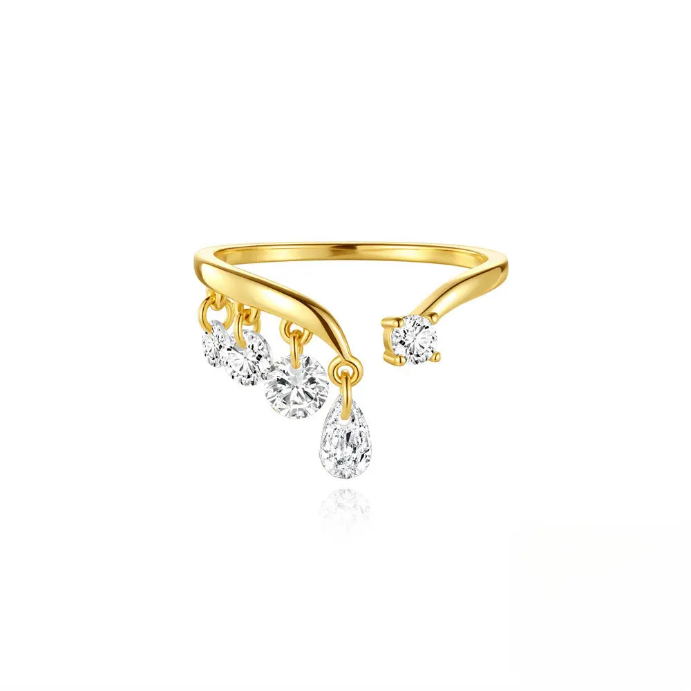 Loveden Gold‑Plated S925 Sterling Silver Open Ring, Tassel Teardrop Round Zircon Dangle Finger Ring, Delicate Adjustable Stackable Ring, Luxury Minimalist Wedding Daily Jewelry Gift For Women