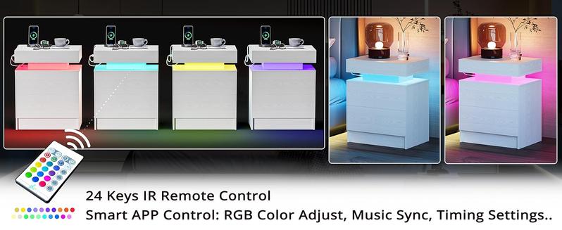 Night Stand with Charging Station, Modern Nightstand with LED Light and 2 Drawers, Bedside Tables/End Table for Bedroom