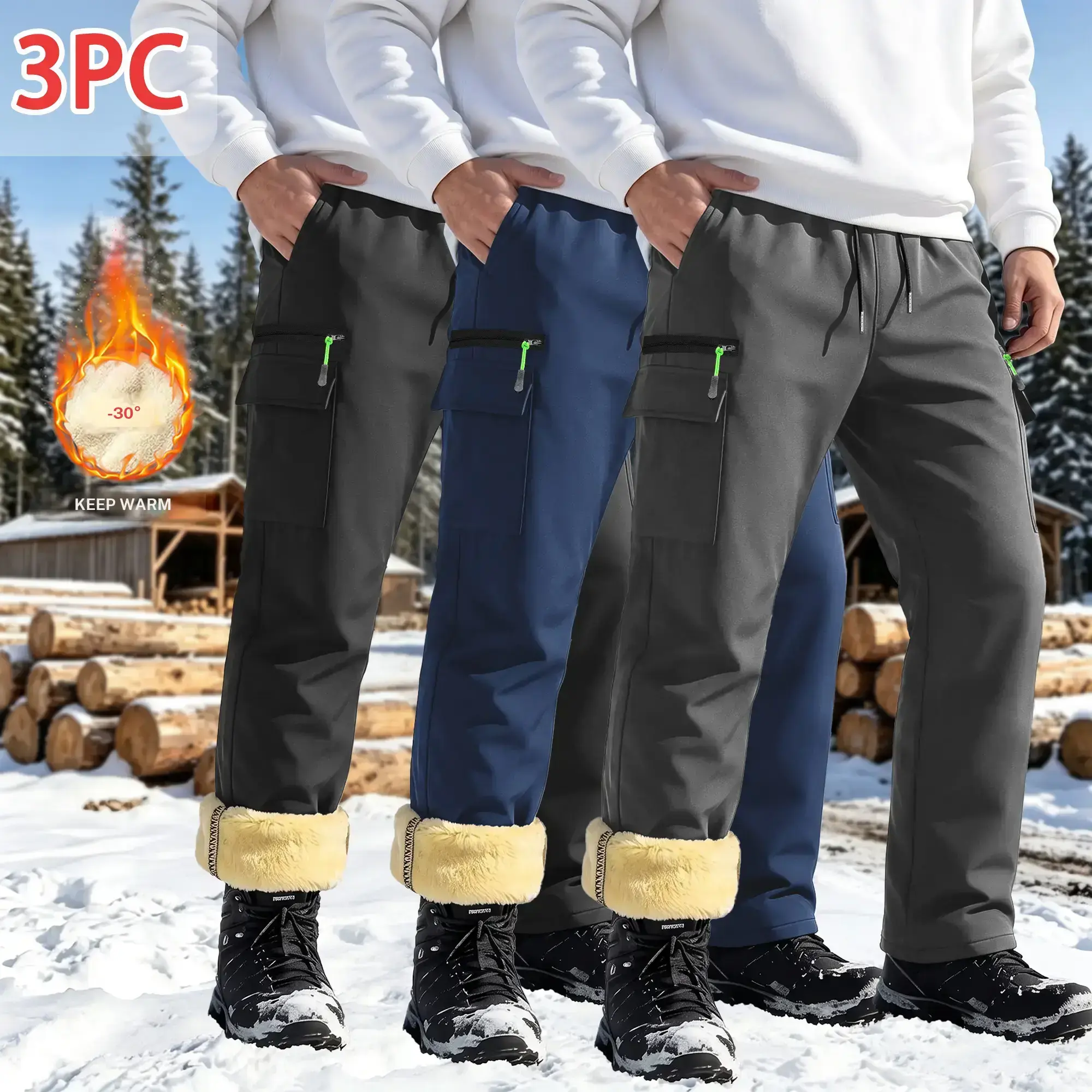 Men’s Fleece Lined Softshell Cargo Pants, Waterproof Windproof Winter Outdoor Work Trousers, Elastic Drawstring Waist Multi Zipper Pockets Warm Snow Pants for Hiking, Logging, Snow Shoveling & Cold Weather Daily Wear