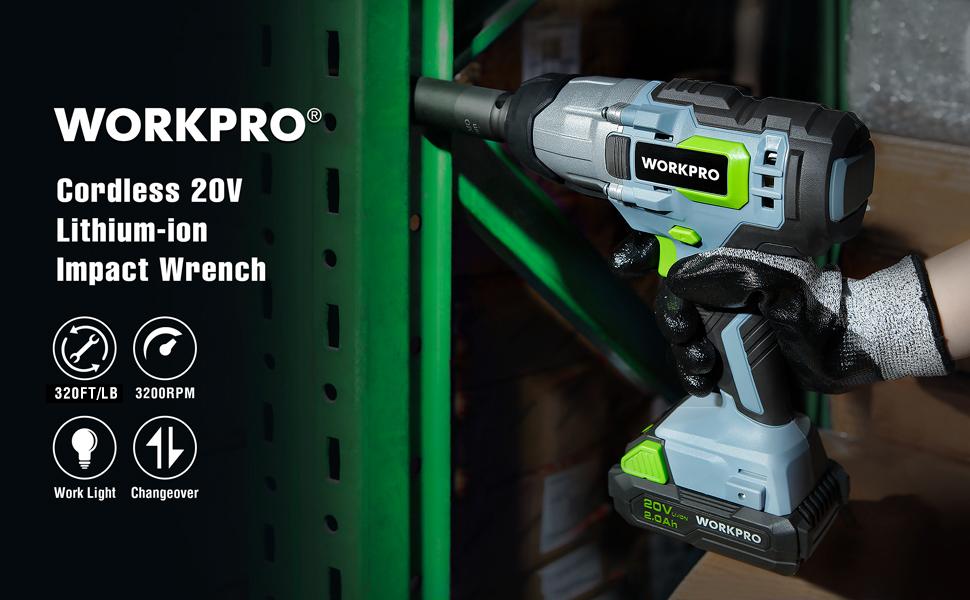 #JumpstartSale WORKPRO 20V Cordless Impact Wrench, 1/2-inch, 320 Ft Pounds Max Torque, 2.0Ah Li-ion Battery with Fast Charger, Belt Clip for Easy Carrying