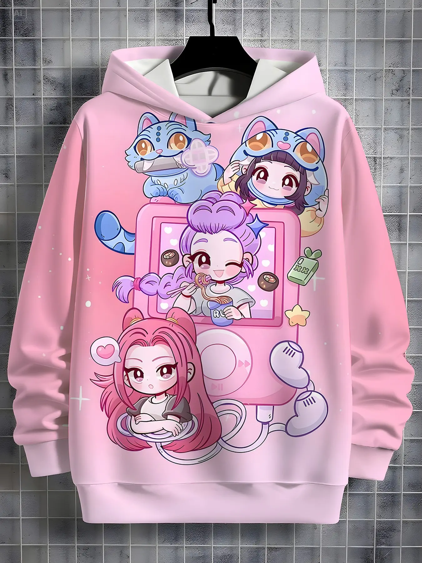 Girls' Winter Fashion Hoodie, Game Console Cute Blue Cat Print Sweatshirt, Anime Cartoon Long Sleeve Pullover, Perfect Christmas Gift