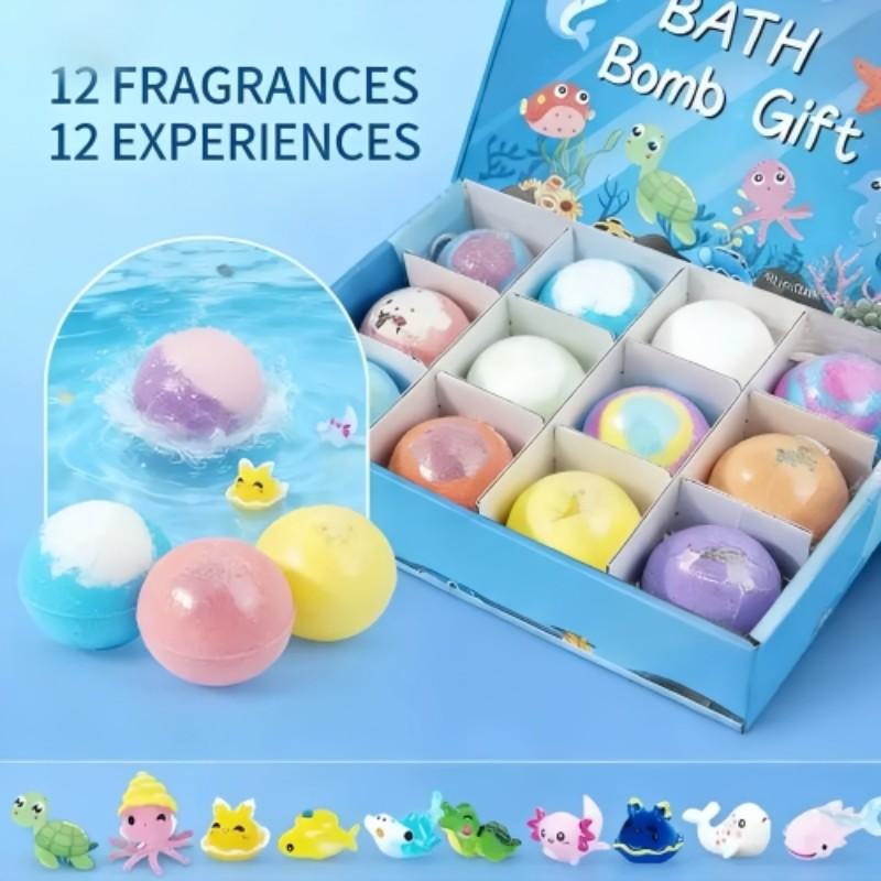 1box，Children Bath Ball Gift Box Set with Surprise Toy, Gentle Bubble Bath Foam Balls, Natural Safe Kids Bath Toys, Unisex Baby Shower Essentials