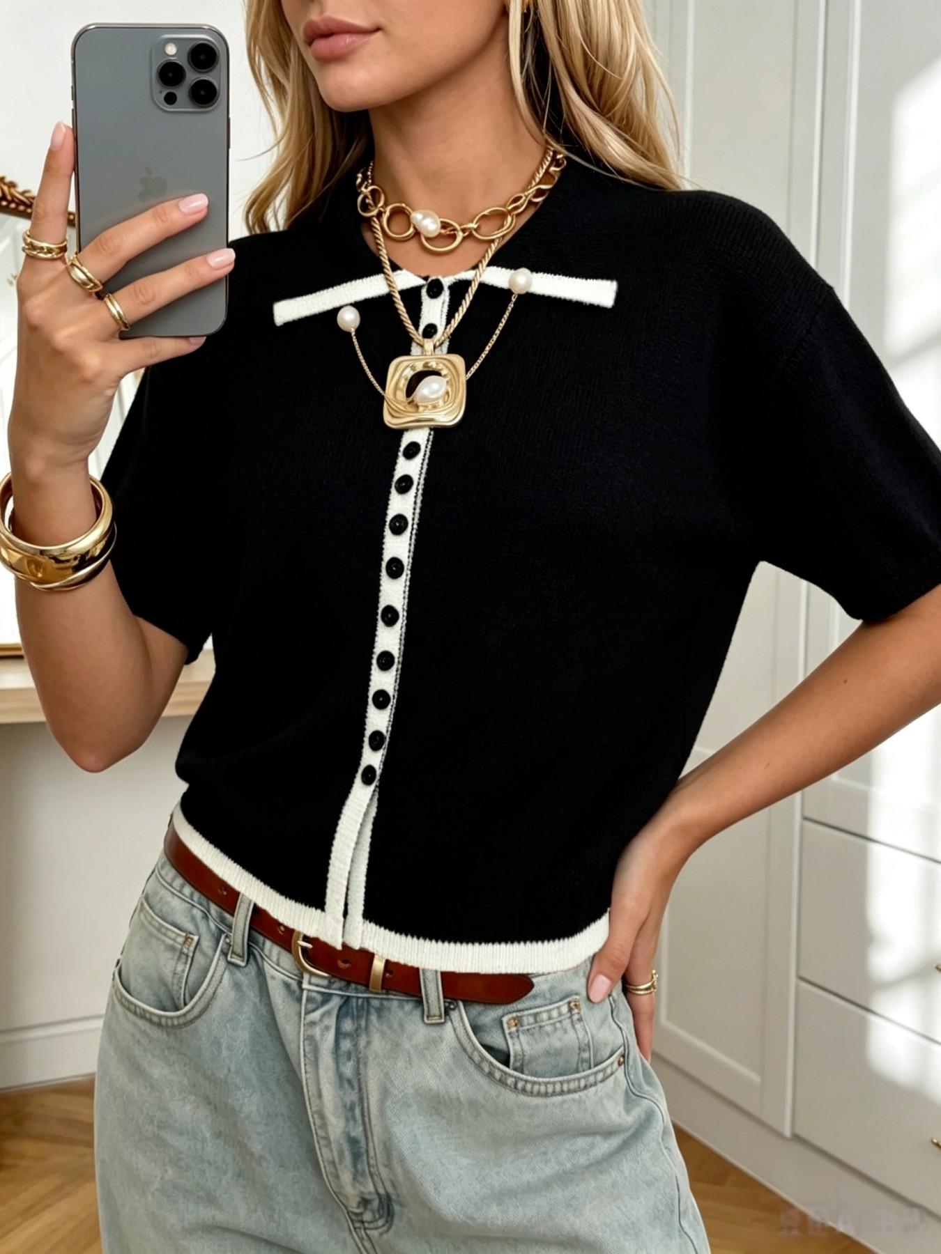Elegant Polo Neck Button Front Pullover, Casual Colorblock Short Sleeve Top, Loose Fit Fall Fashion Women's Sweater