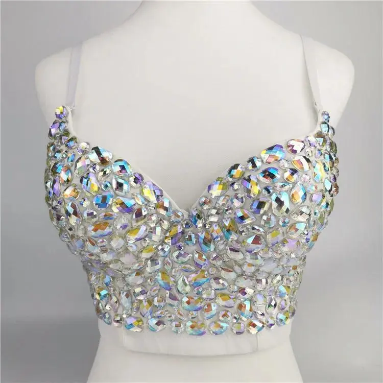 Hand-Stitched Ab Colorful Diamonds Bustier Suspenders Sequins Belly Dress Careful Machine Sexy Stage Performance Clothing